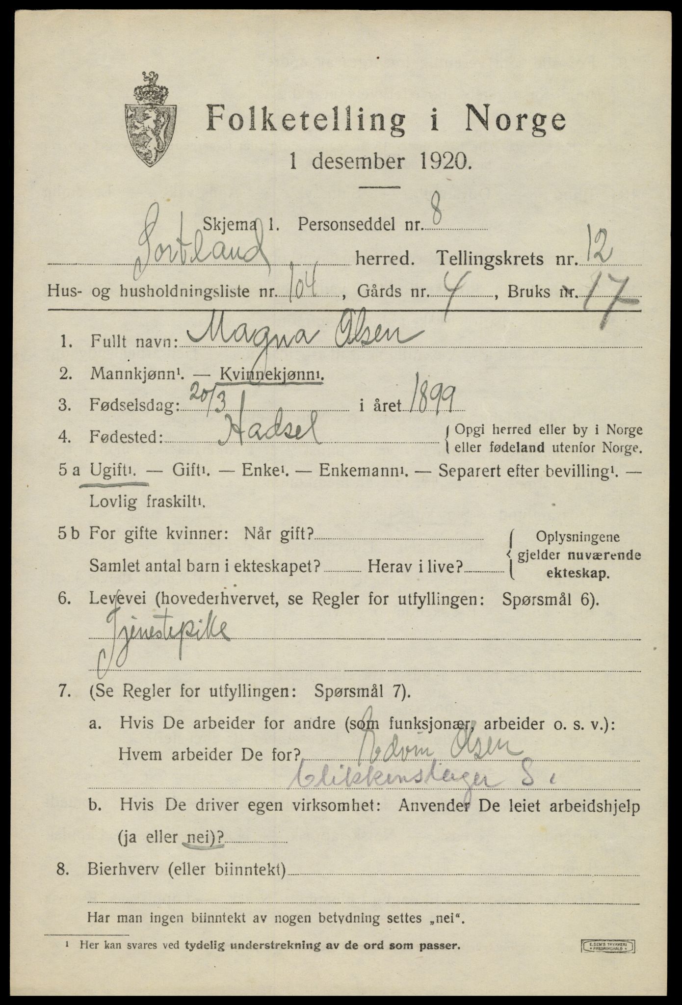 SAT, 1920 census for Sortland, 1920, p. 10412