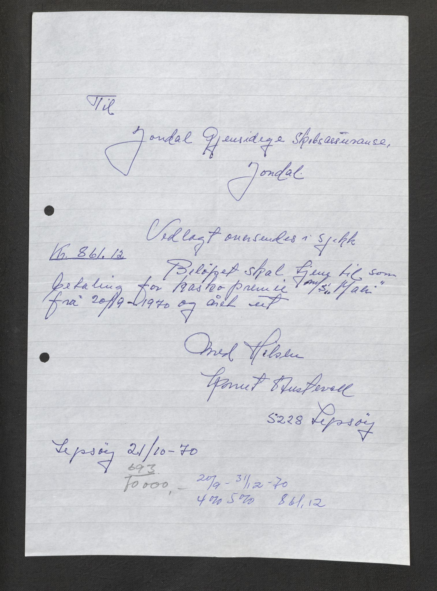 Jondal Skipsassuranseforening, AV/SAB-SAB/PA-0276/E/L0132: Korrespondanse , 1970-1977
