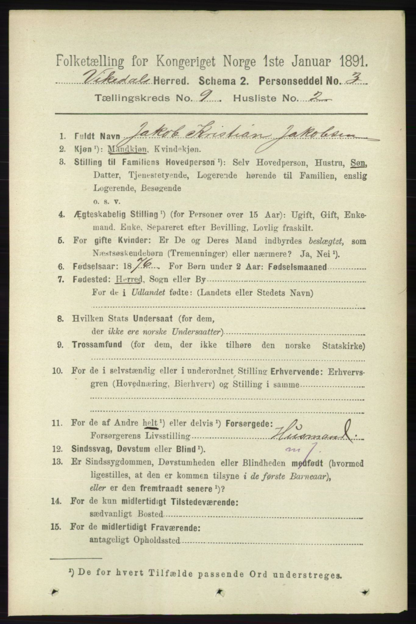 RA, 1891 census for 1157 Vikedal, 1891, p. 2371
