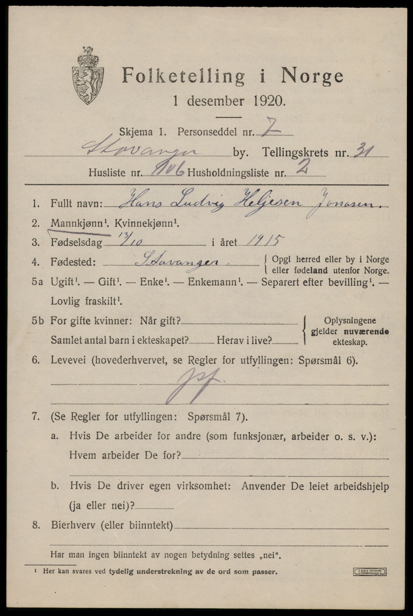 SAST, 1920 census for Stavanger, 1920, p. 88730