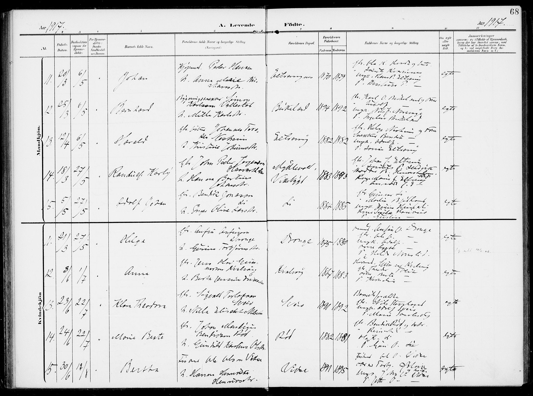 Sveio Sokneprestembete, AV/SAB-A-78501/H/Haa: Parish register (official) no. B  4, 1906-1919, p. 68
