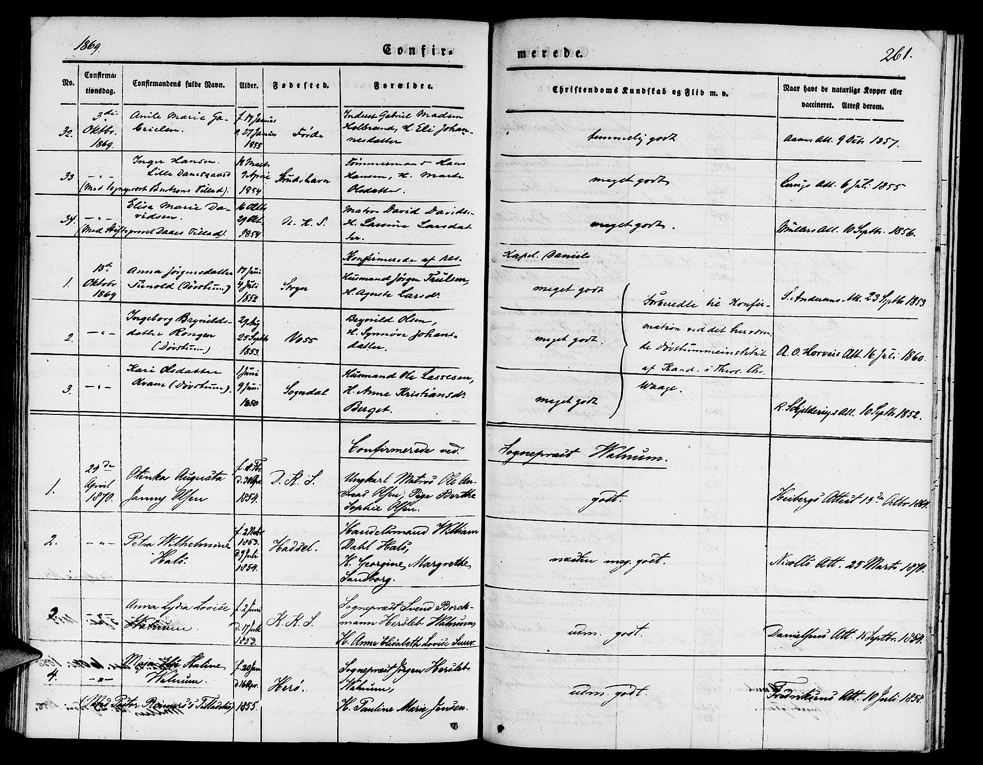 Nykirken Sokneprestembete, SAB/A-77101/H/Hab: Parish register (copy) no. C 1, 1844-1871, p. 261