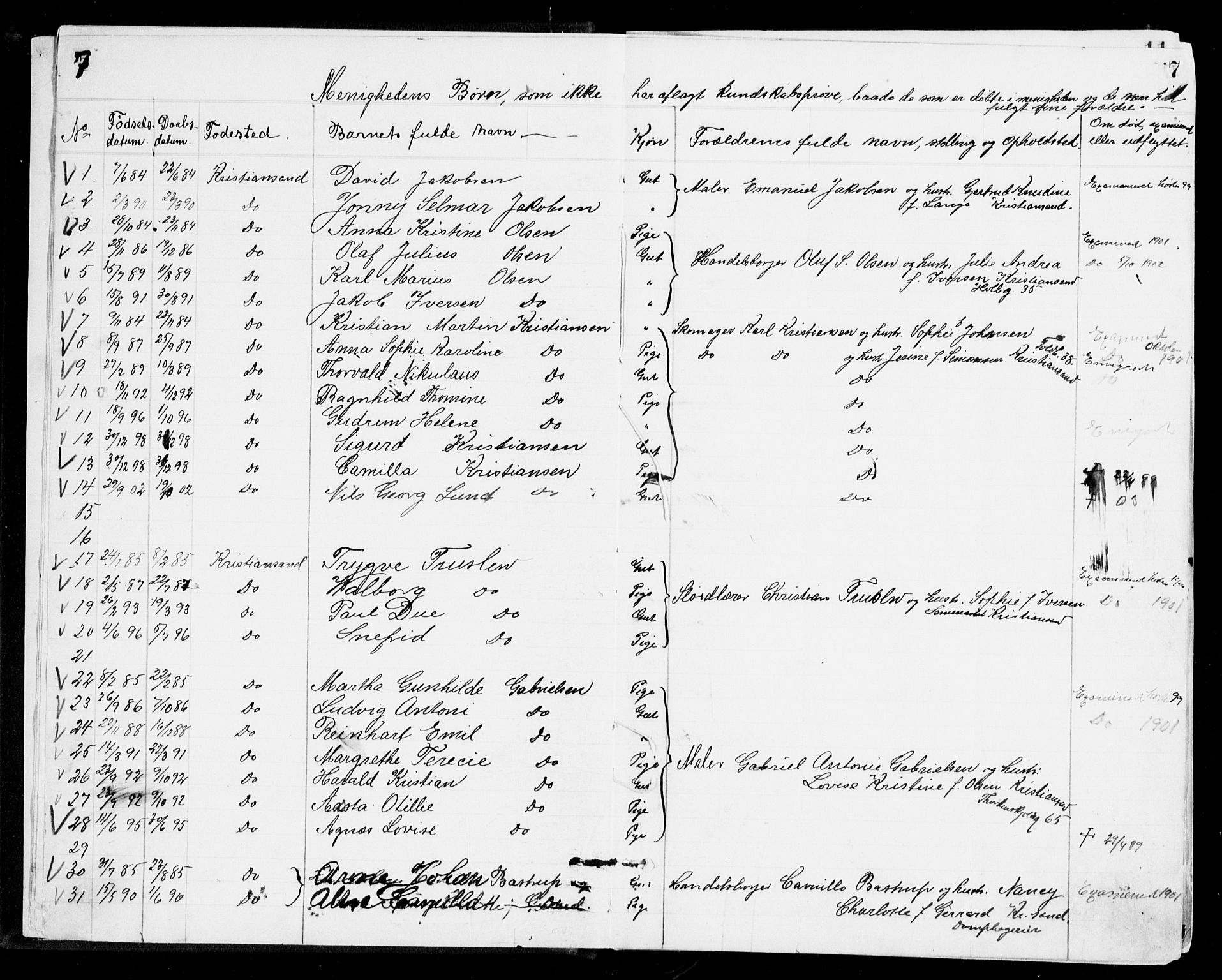 Den evangelisk-lutherske frikirke, Kristiansand, AV/SAK-1292-0017/F/Fa/L0002: Dissenter register no. F 10, 1889-1892, p. 7