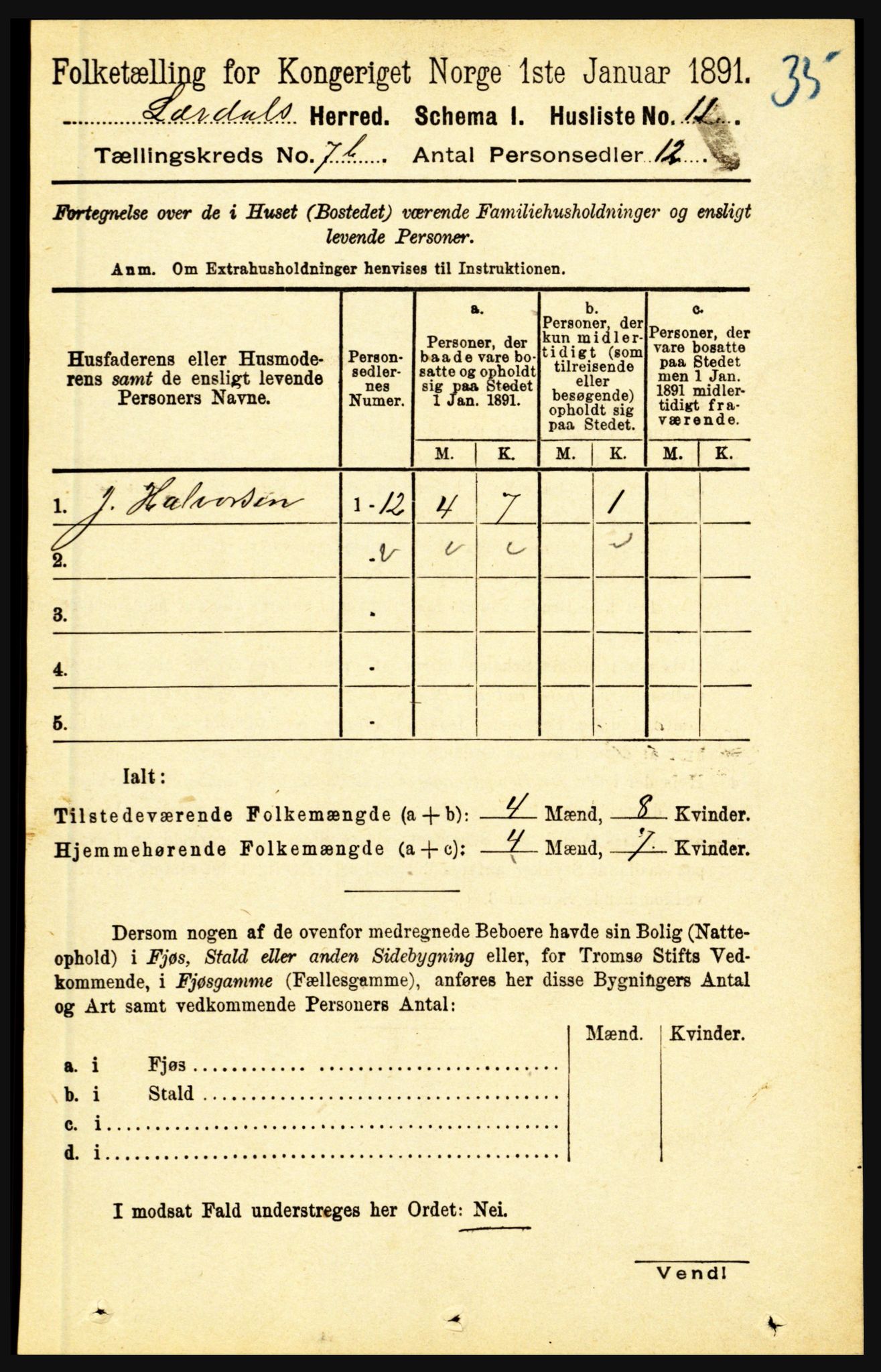 RA, 1891 census for 1422 Lærdal, 1891, p. 1117