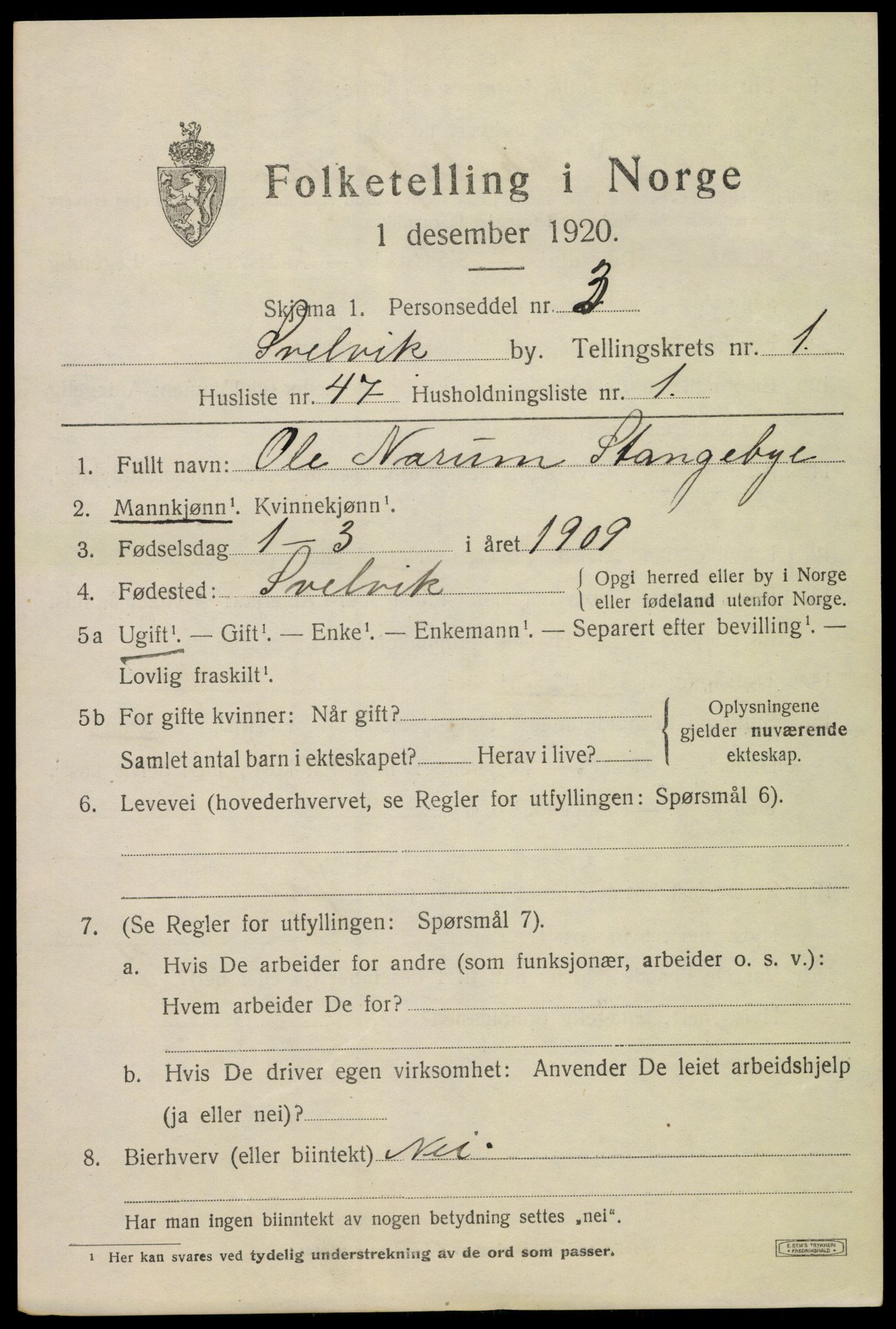 SAKO, 1920 census for Svelvik, 1920, p. 1691