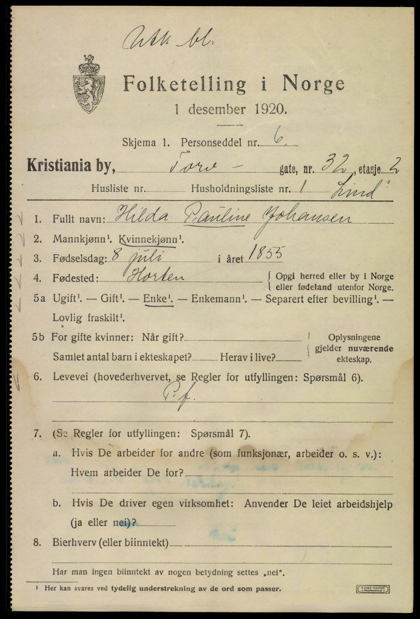 SAO, 1920 census for Kristiania, 1920, p. 595007