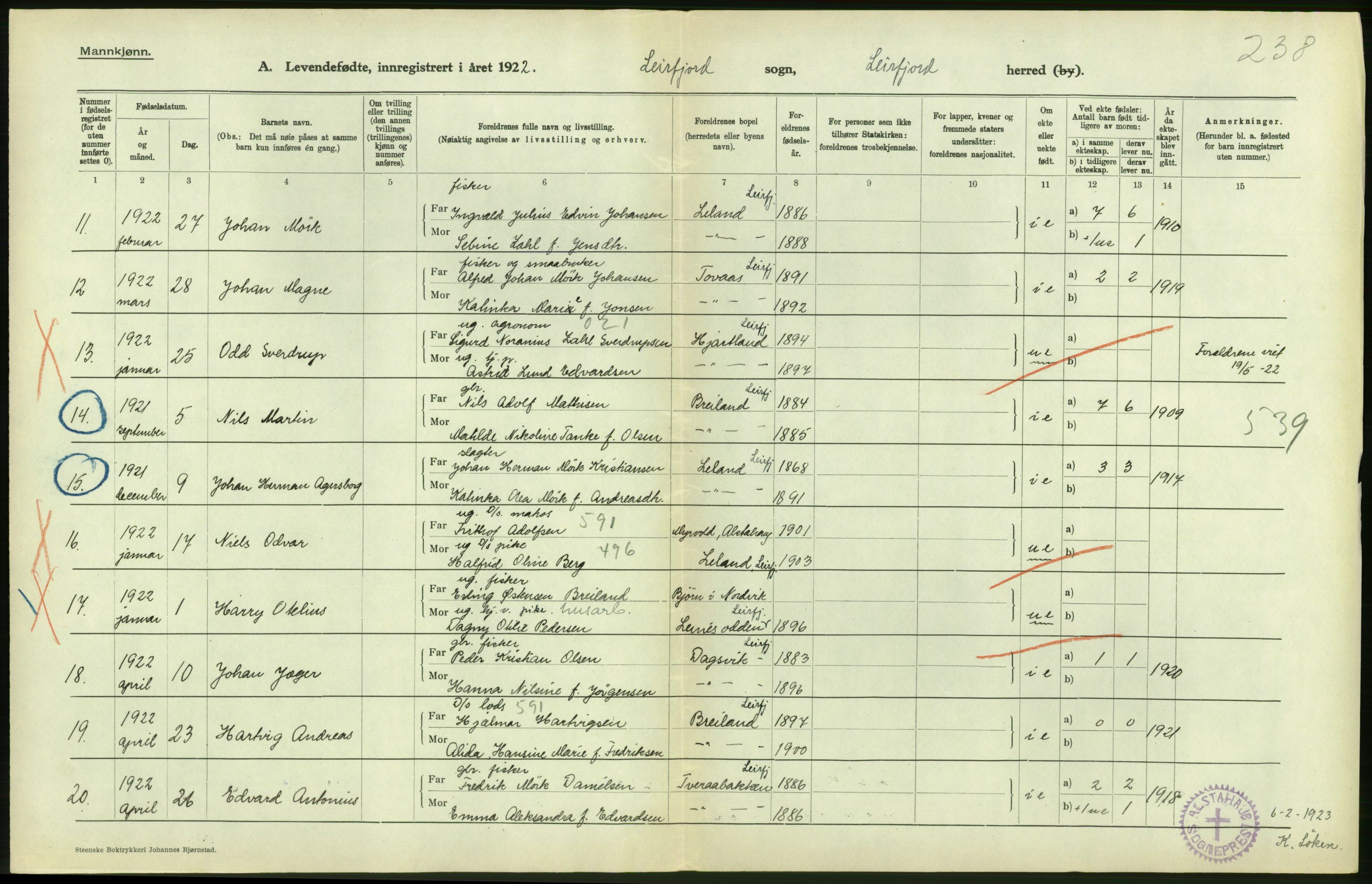 Statistisk sentralbyrå, Sosiodemografiske emner, Befolkning, AV/RA-S-2228/D/Df/Dfc/Dfcb/L0044: Nordland fylke: Levendefødte menn og kvinner. Bygder og byer., 1922, p. 170