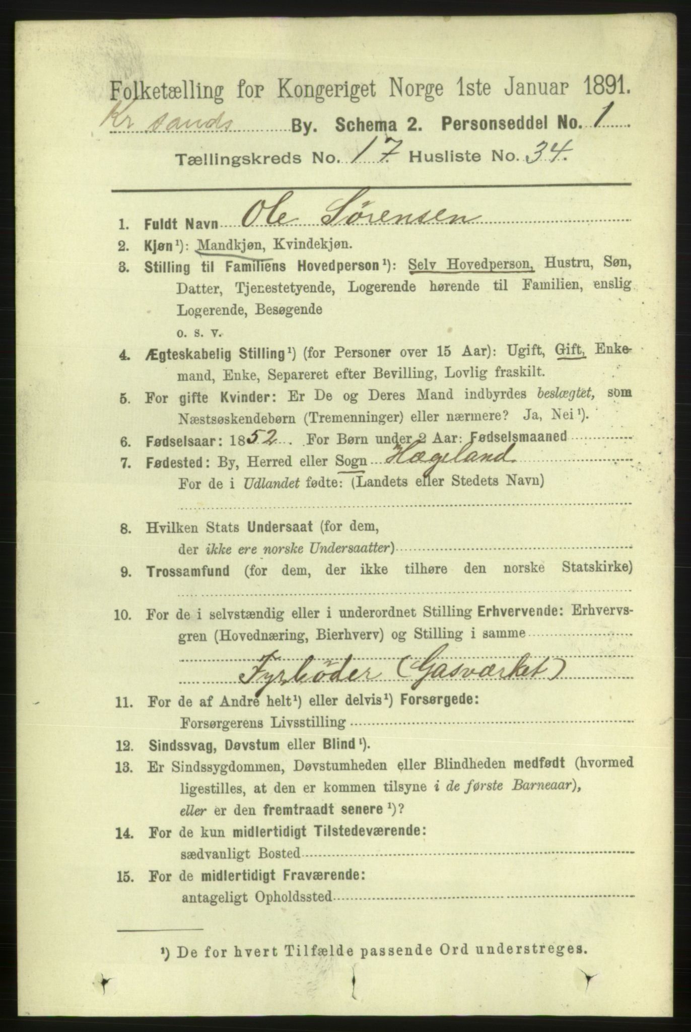 RA, 1891 census for 1001 Kristiansand, 1891, p. 7048