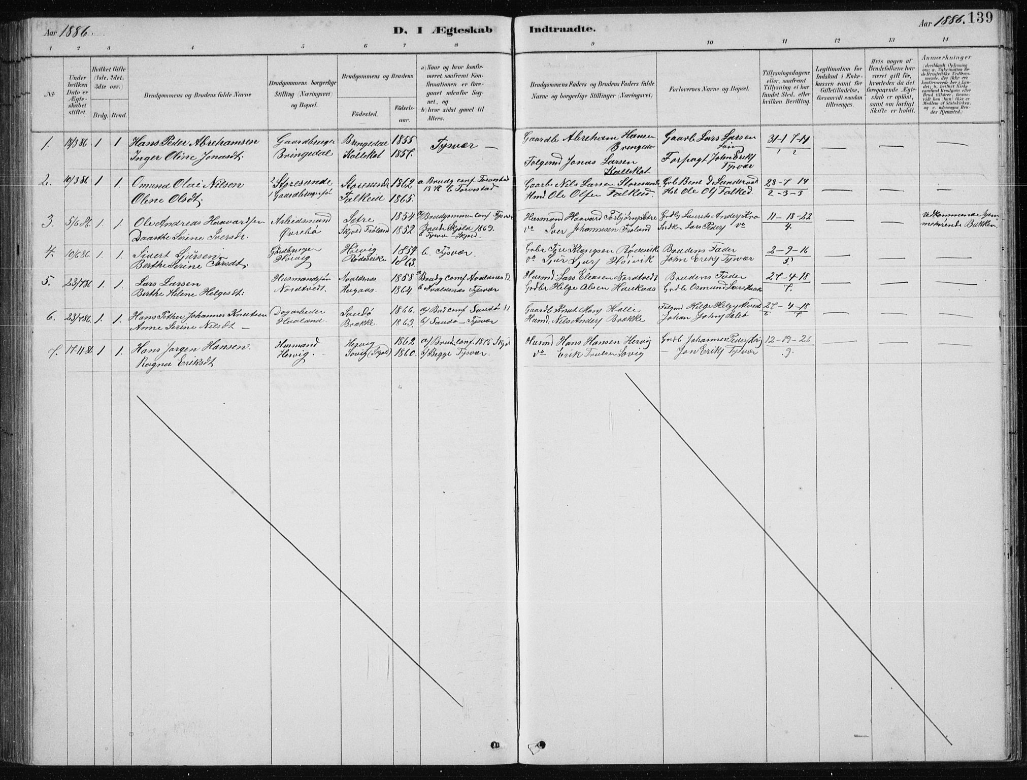 Tysvær sokneprestkontor, SAST/A -101864/H/Ha/Hab/L0004: Parish register (copy) no. B 4, 1883-1896, p. 139