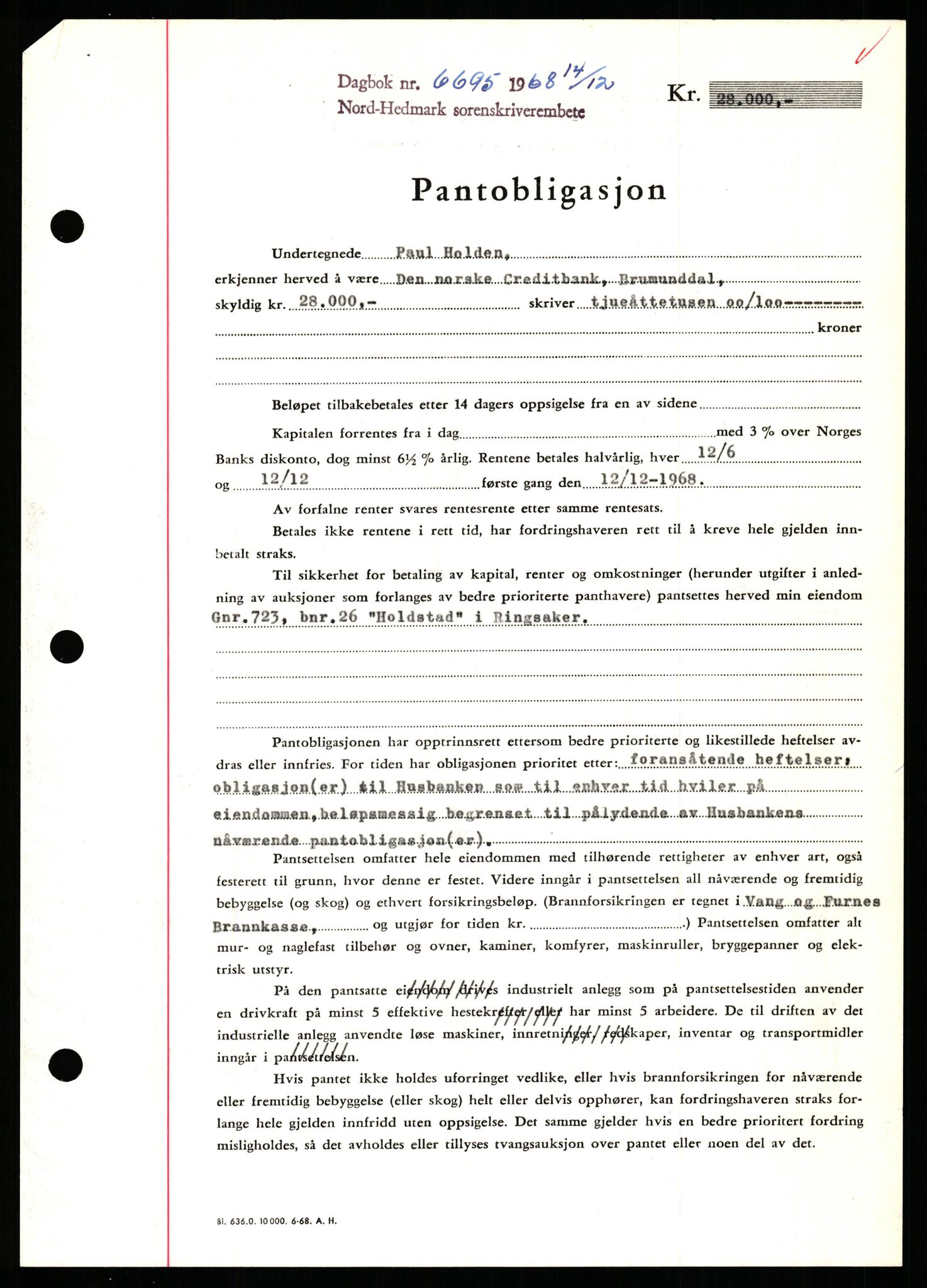 Nord-Hedmark sorenskriveri, SAH/TING-012/H/Hb/Hbf/L0077: Mortgage book no. B77, 1968-1969, Diary no: : 6695/1968