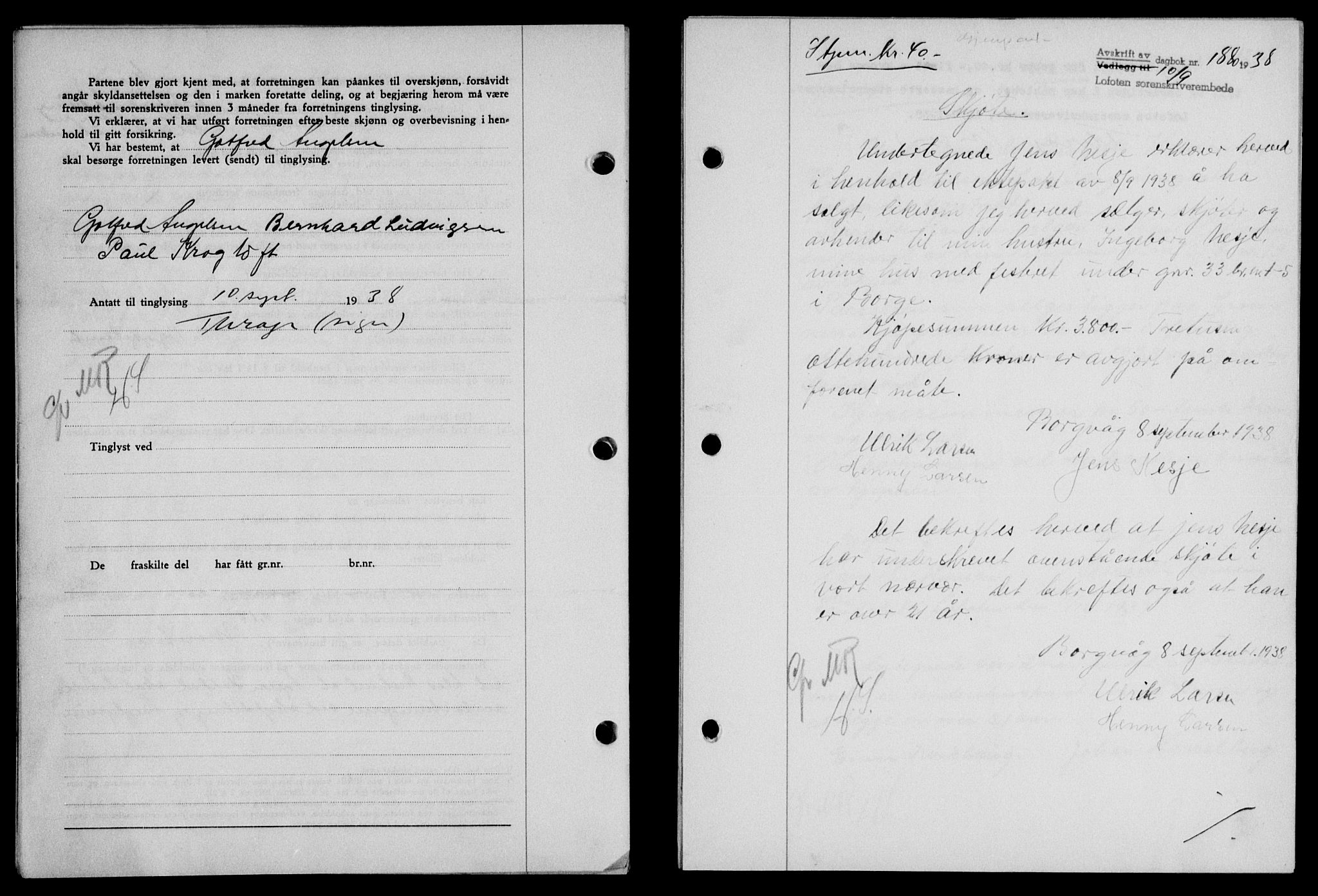 Lofoten sorenskriveri, SAT/A-0017/1/2/2C/L0004a: Mortgage book no. 4a, 1938-1938, Diary no: : 1880/1938