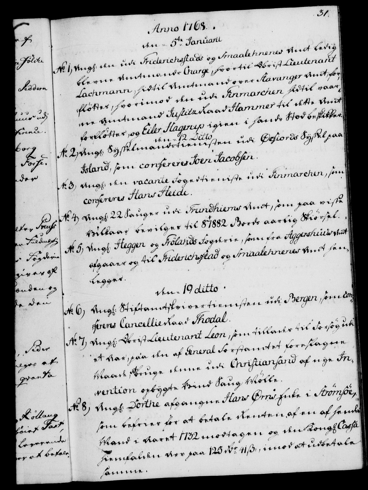 Rentekammeret, Kammerkanselliet, RA/EA-3111/G/Gf/Gfb/L0008: Register til norske relasjons- og resolusjonsprotokoller (merket RK 52.103), 1766-1771, p. 31