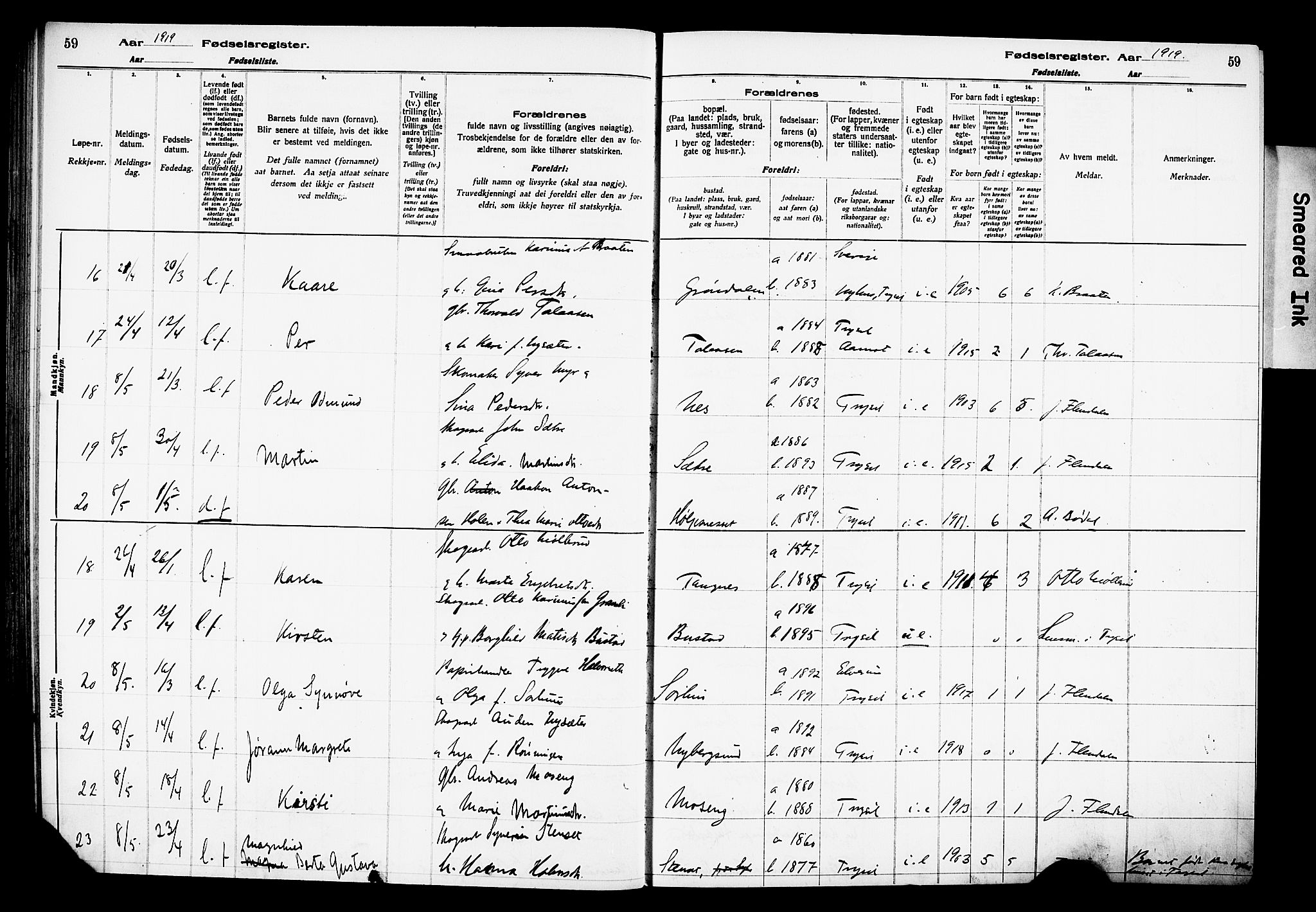 Trysil prestekontor, AV/SAH-PREST-046/I/Id/Ida/L0001: Birth register no. I 1, 1916-1927, p. 59