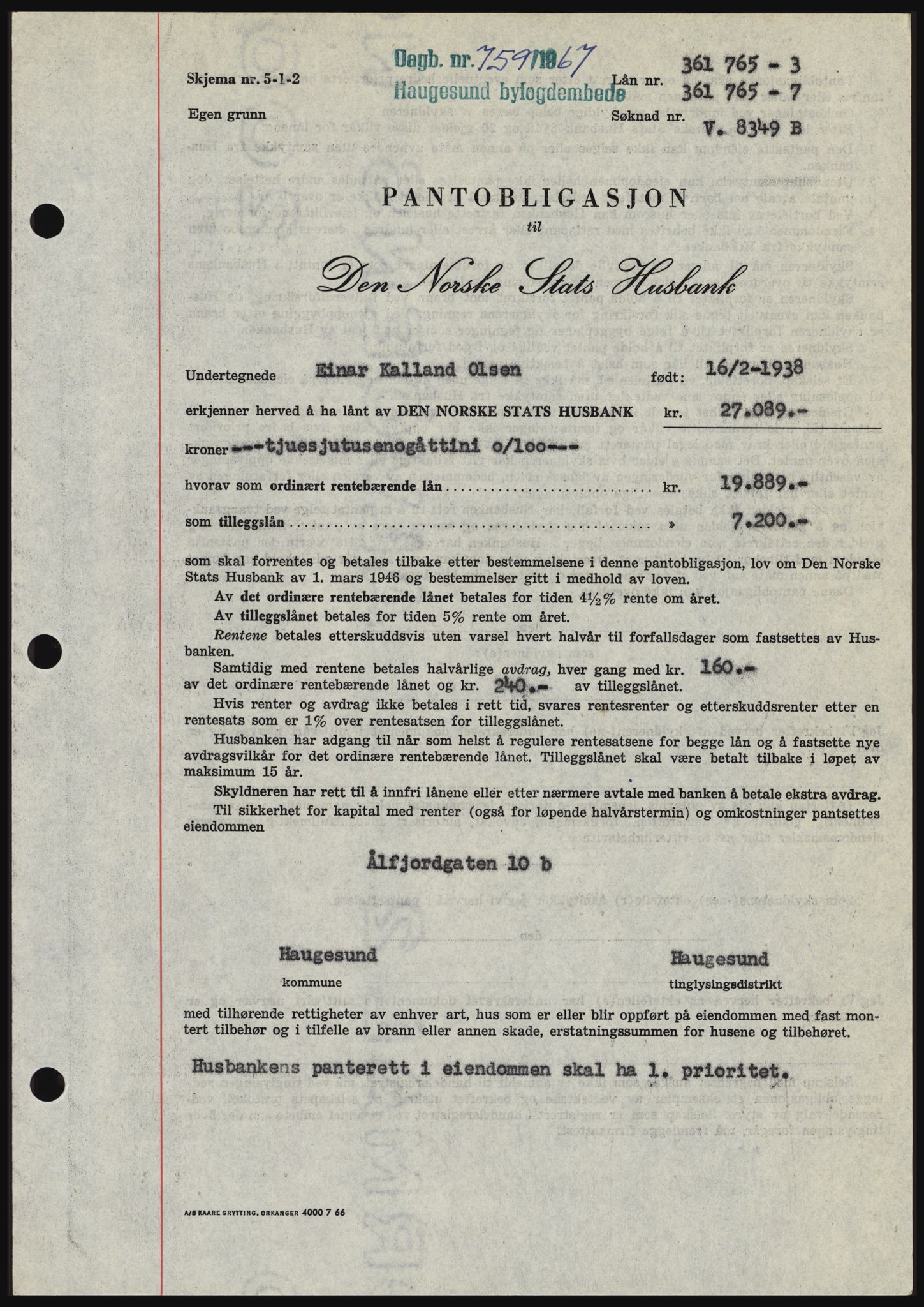 Haugesund tingrett, SAST/A-101415/01/II/IIC/L0056: Mortgage book no. B 56, 1966-1967, Diary no: : 759/1967