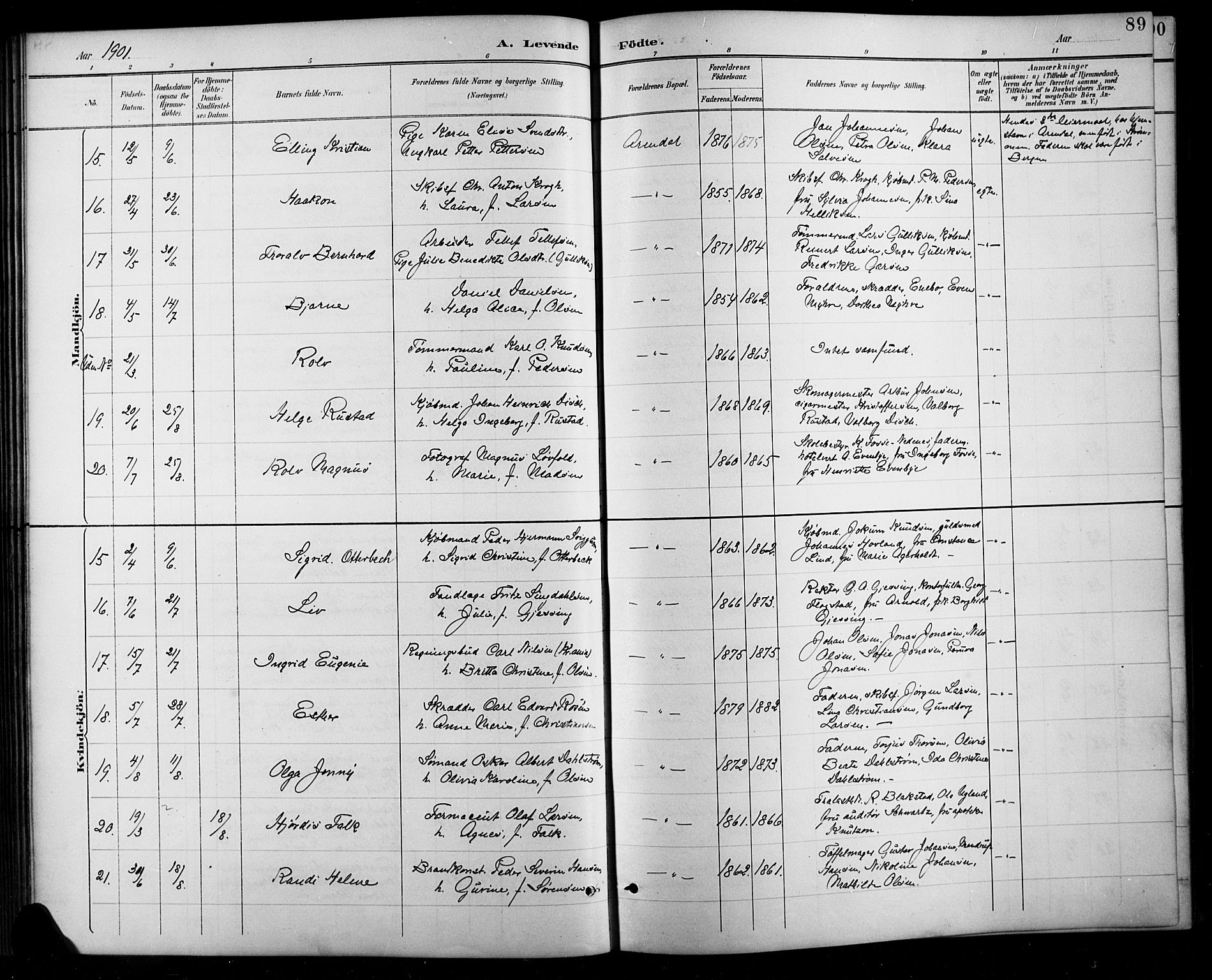 Arendal sokneprestkontor, Trefoldighet, SAK/1111-0040/F/Fb/L0006: Parish register (copy) no. B 6, 1889-1916, p. 89