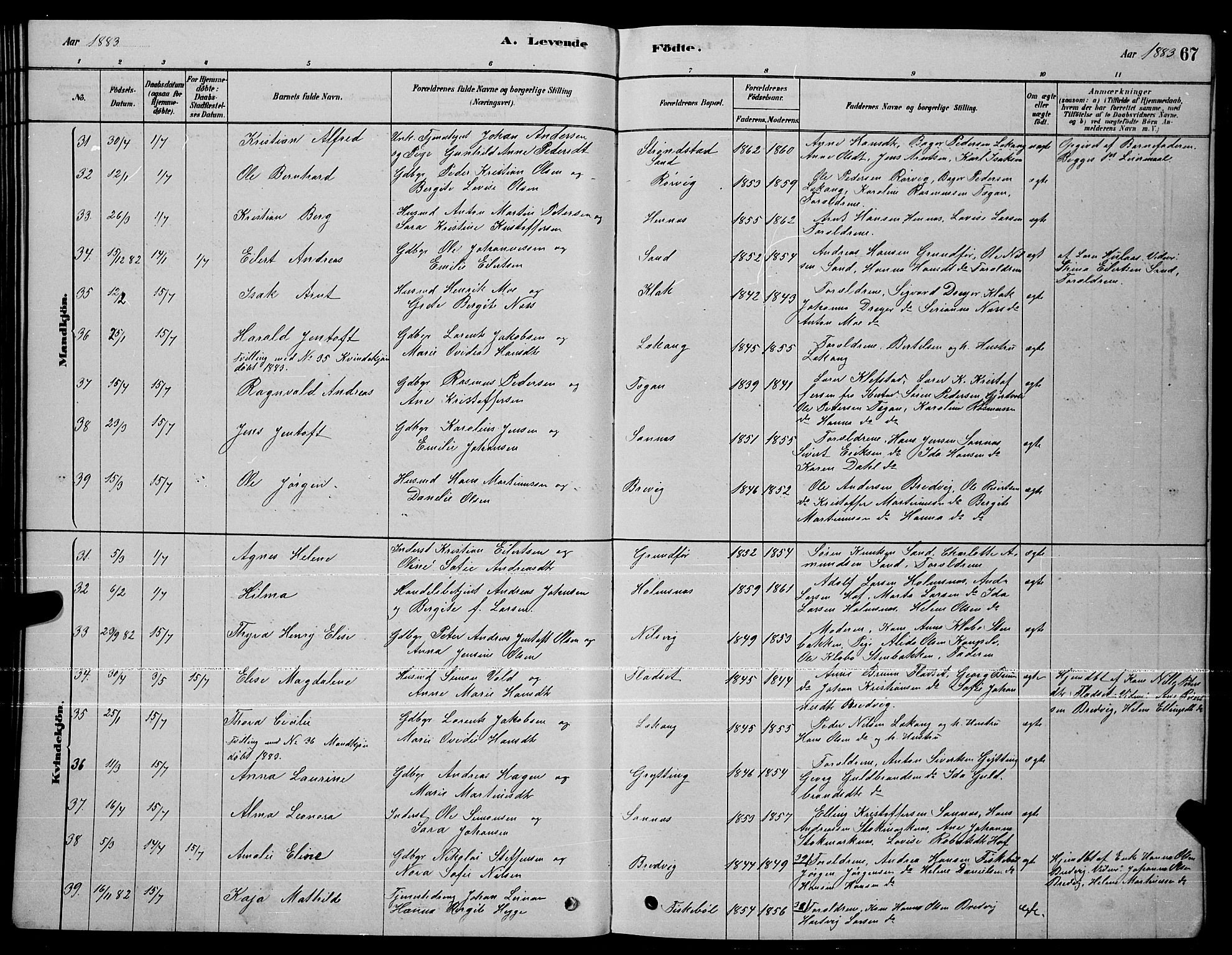 Ministerialprotokoller, klokkerbøker og fødselsregistre - Nordland, AV/SAT-A-1459/888/L1267: Parish register (copy) no. 888C05, 1878-1890, p. 67