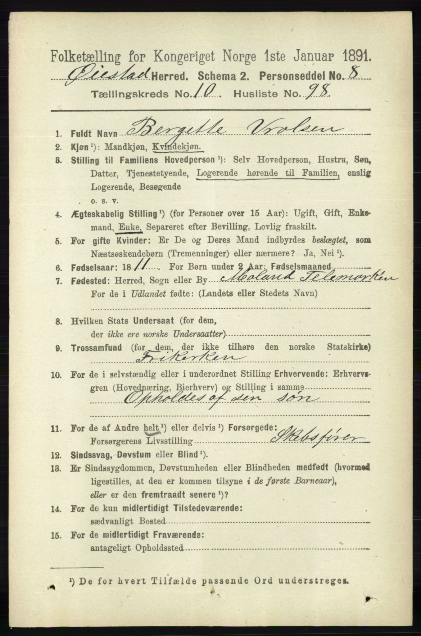 RA, 1891 census for 0920 Øyestad, 1891, p. 4726