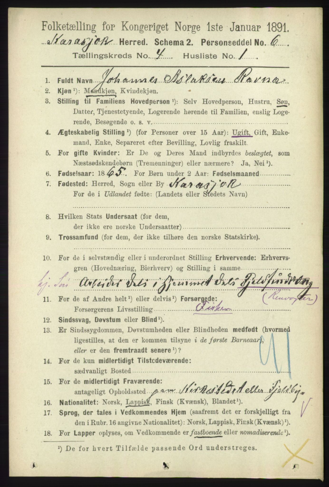 RA, 1891 census for 2021 Karasjok, 1891, p. 698