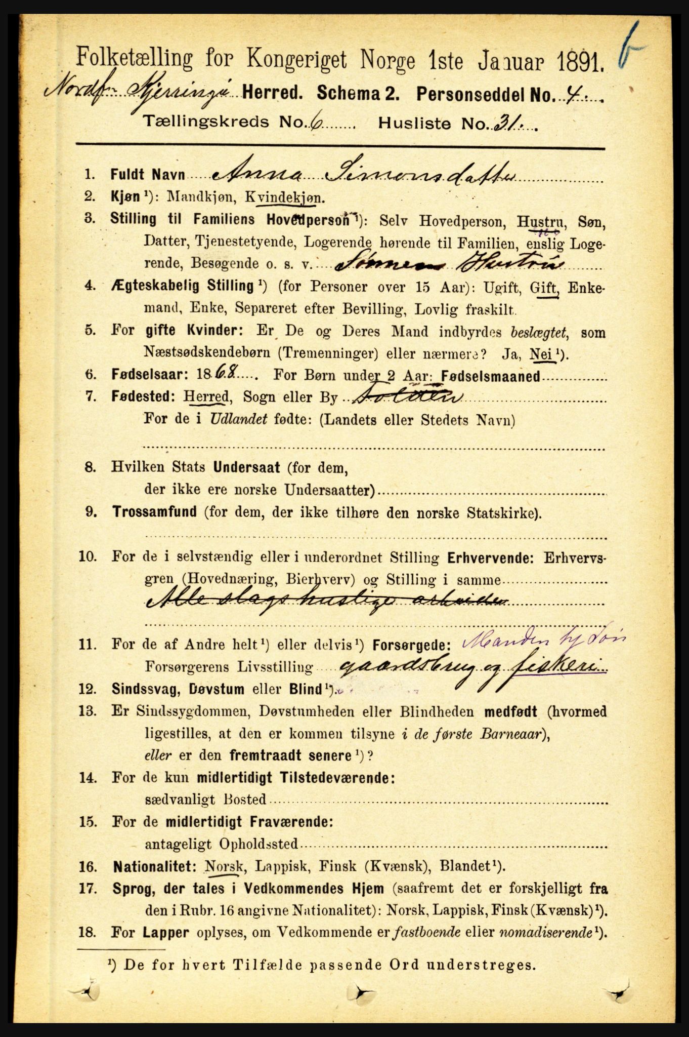 RA, 1891 census for 1846 Nordfold-Kjerringøy, 1891, p. 1601