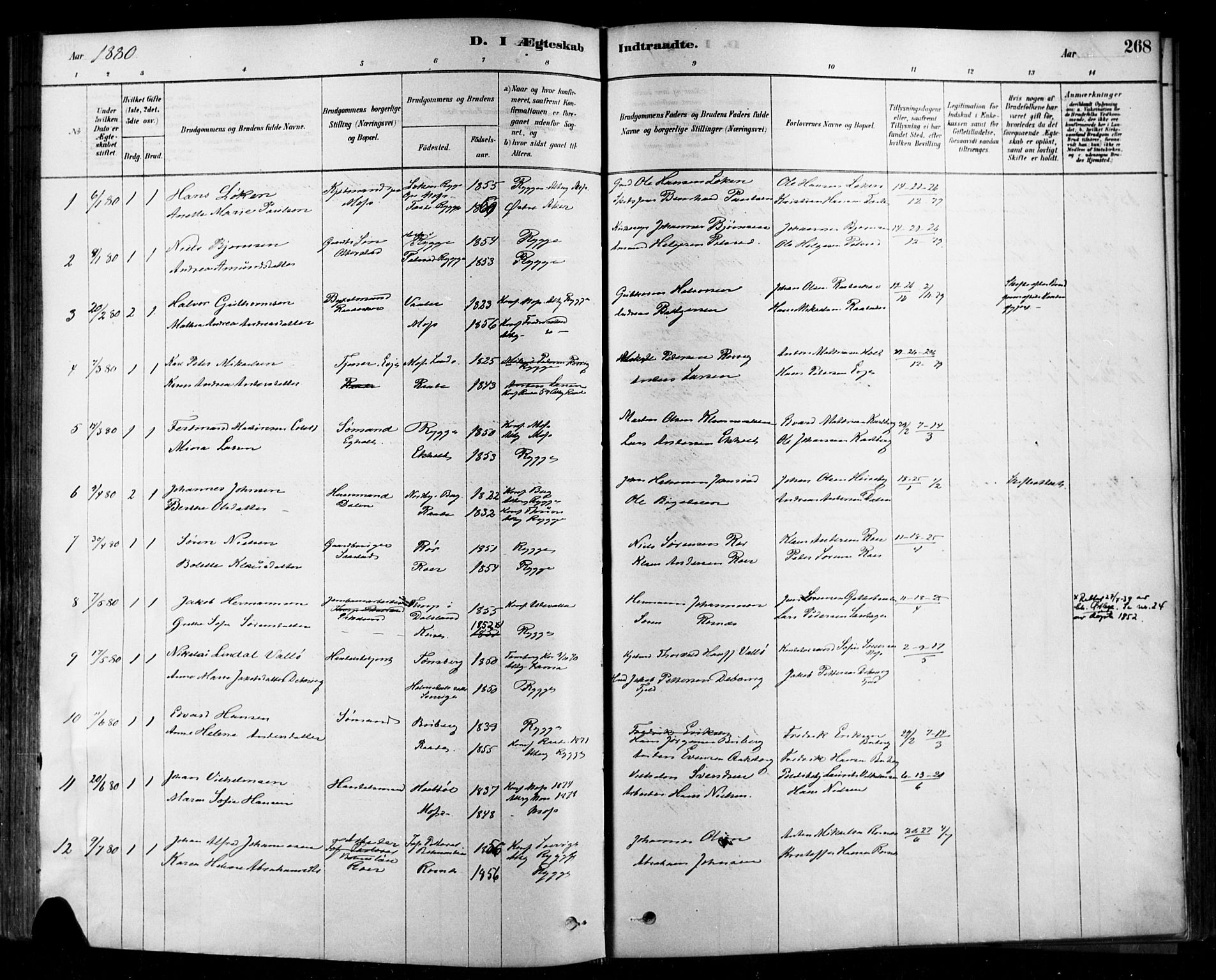 Rygge prestekontor Kirkebøker, AV/SAO-A-10084b/F/Fa/L0007: Parish register (official) no. 7, 1878-1904, p. 268