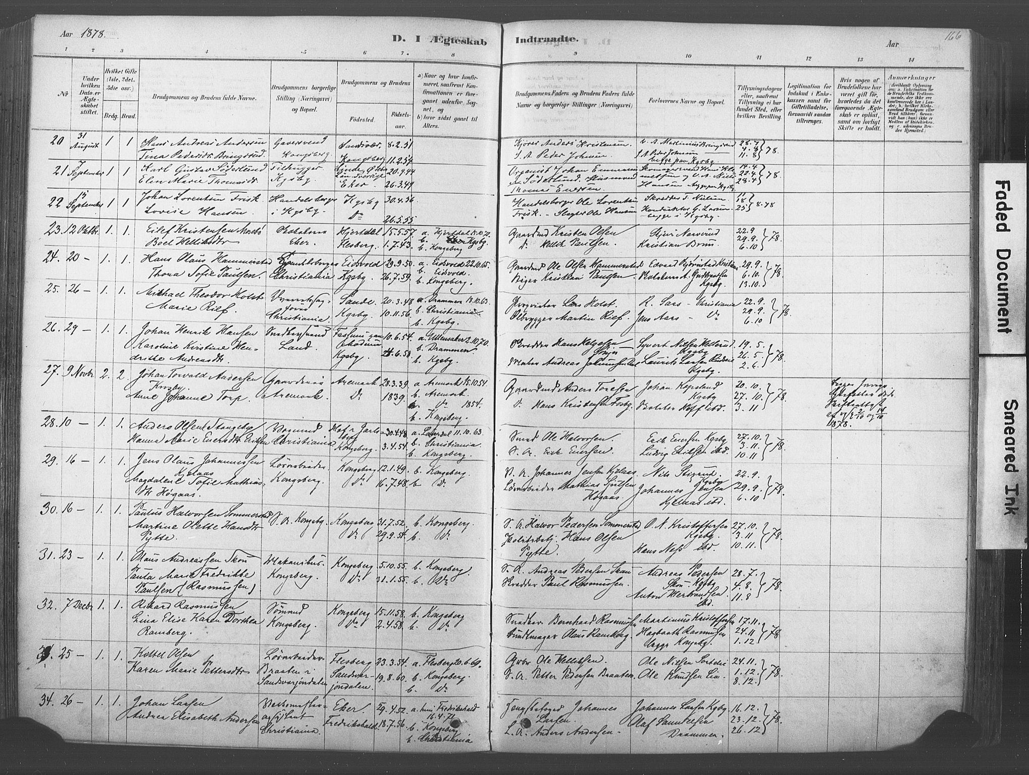 Kongsberg kirkebøker, SAKO/A-22/F/Fb/L0001: Parish register (official) no. II 1, 1878-1886, p. 166