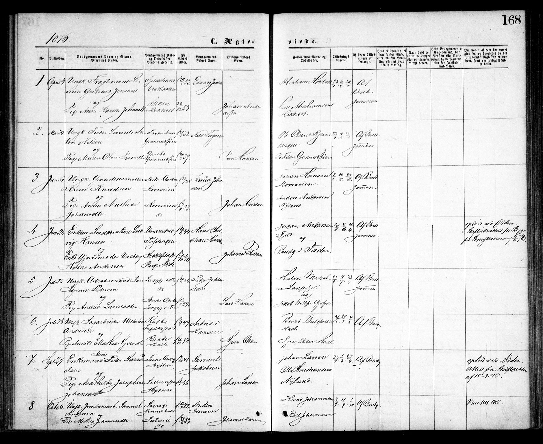 Nesodden prestekontor Kirkebøker, AV/SAO-A-10013/F/Fa/L0008: Parish register (official) no. I 8, 1869-1879, p. 168