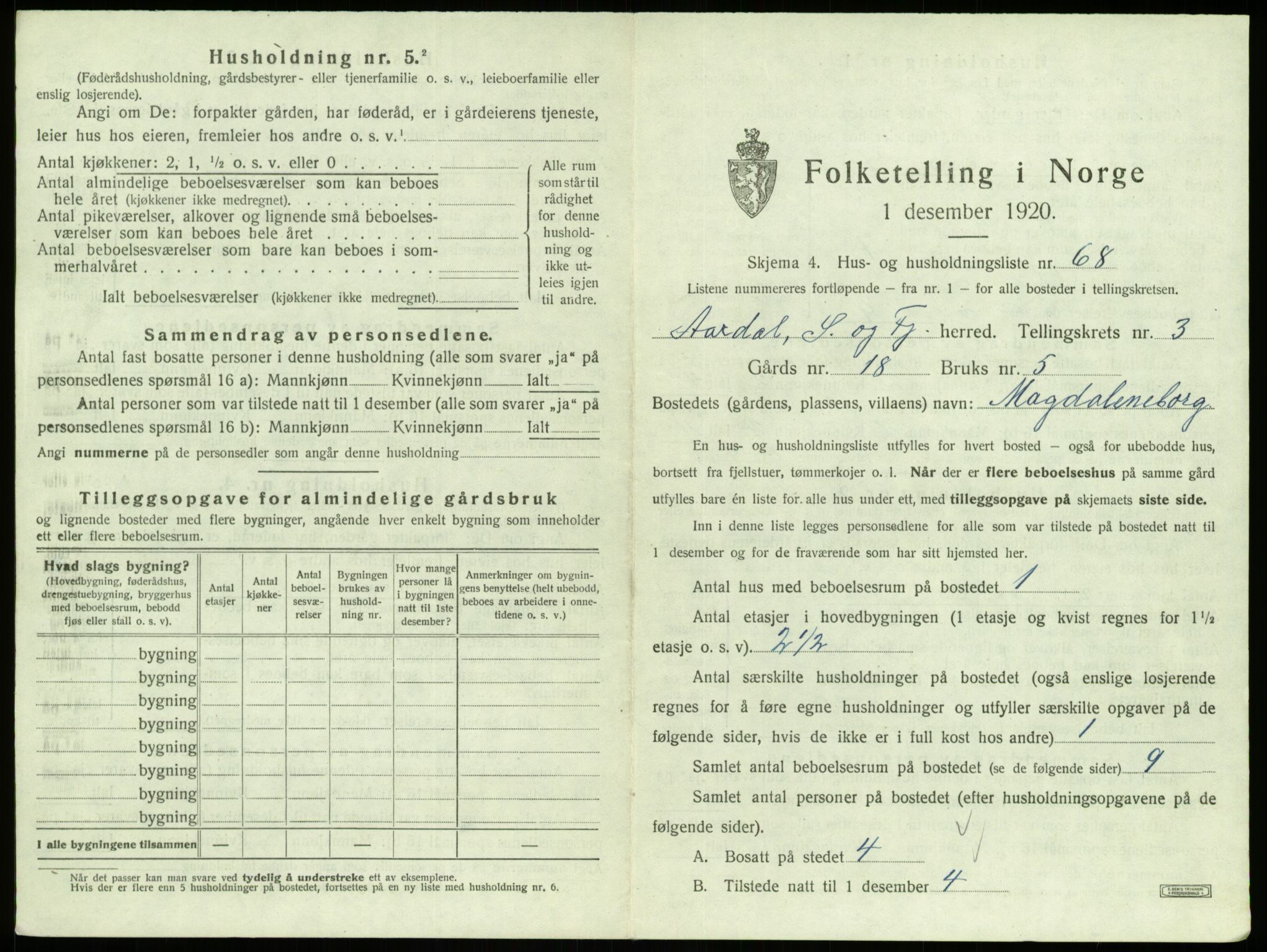 SAB, 1920 census for Årdal, 1920, p. 334