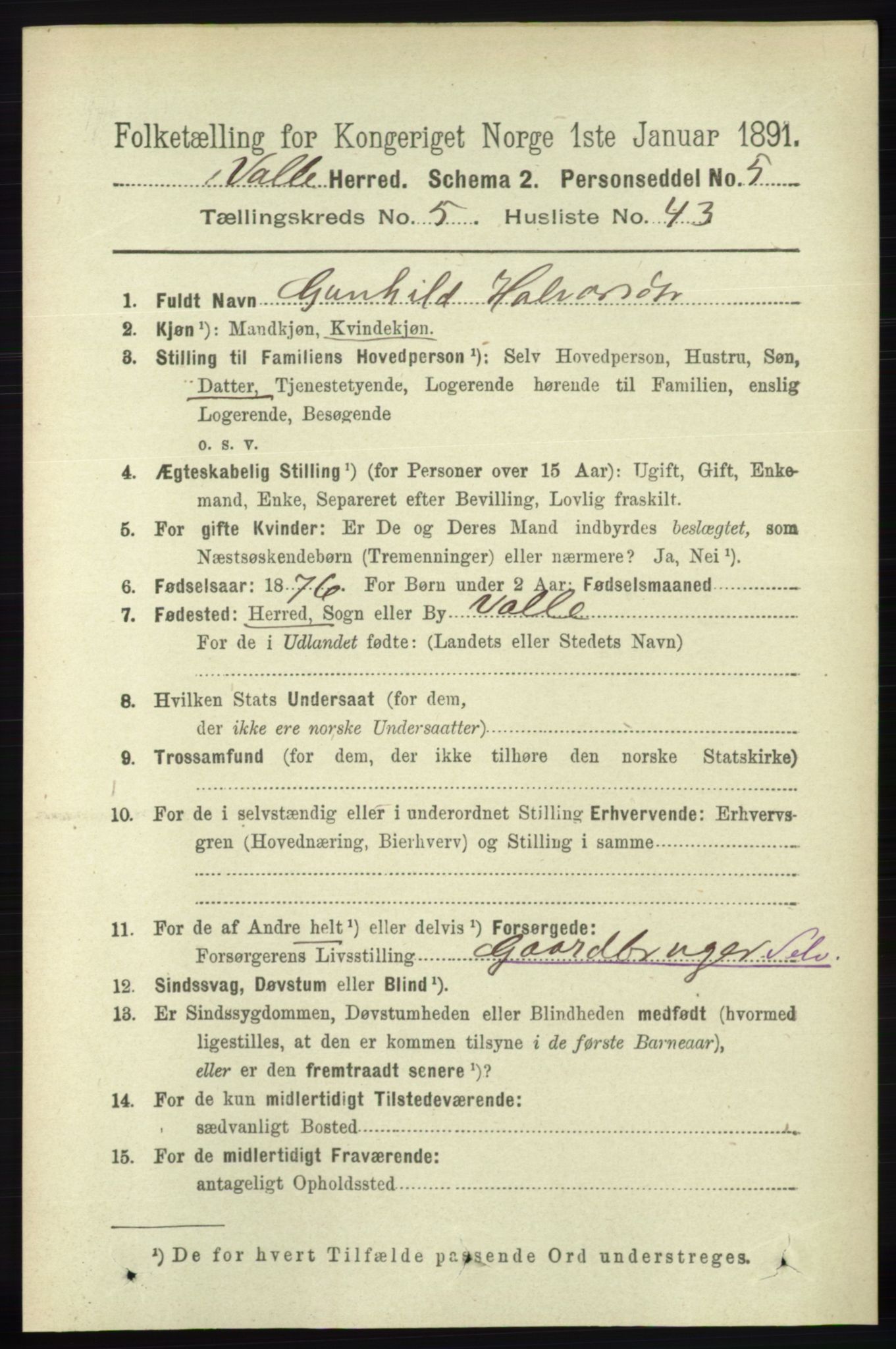 RA, 1891 census for 0940 Valle, 1891, p. 1625