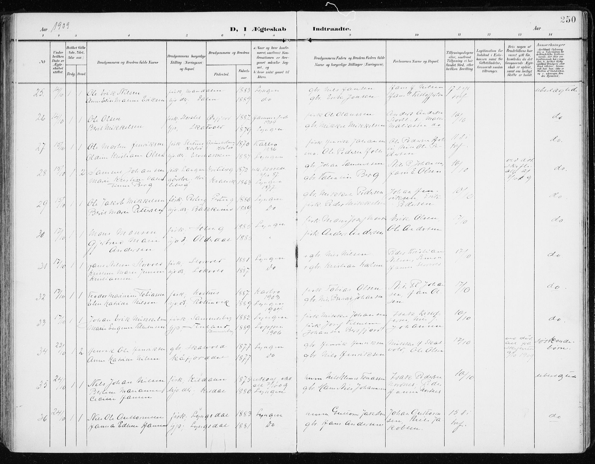 Lyngen sokneprestembete, AV/SATØ-S-1289/H/He/Hea/L0011kirke: Parish register (official) no. 11, 1903-1913, p. 250