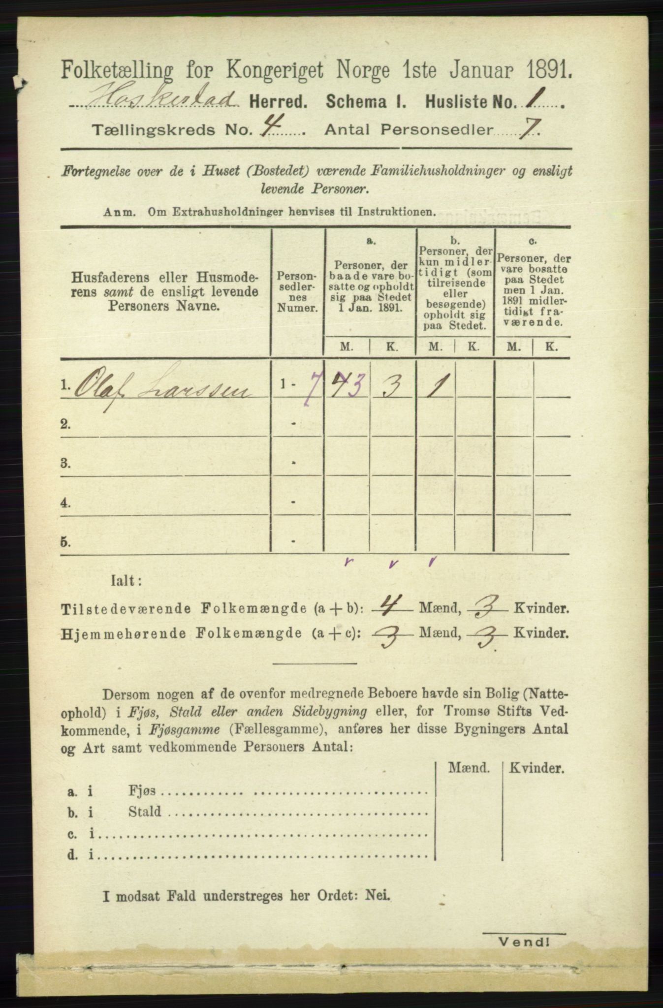 RA, 1891 census for 1113 Heskestad, 1891, p. 491