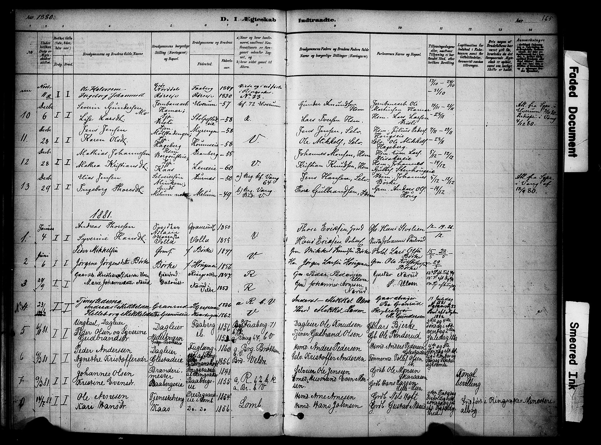 Ringsaker prestekontor, SAH/PREST-014/K/Ka/L0014: Parish register (official) no. 14, 1879-1890, p. 165