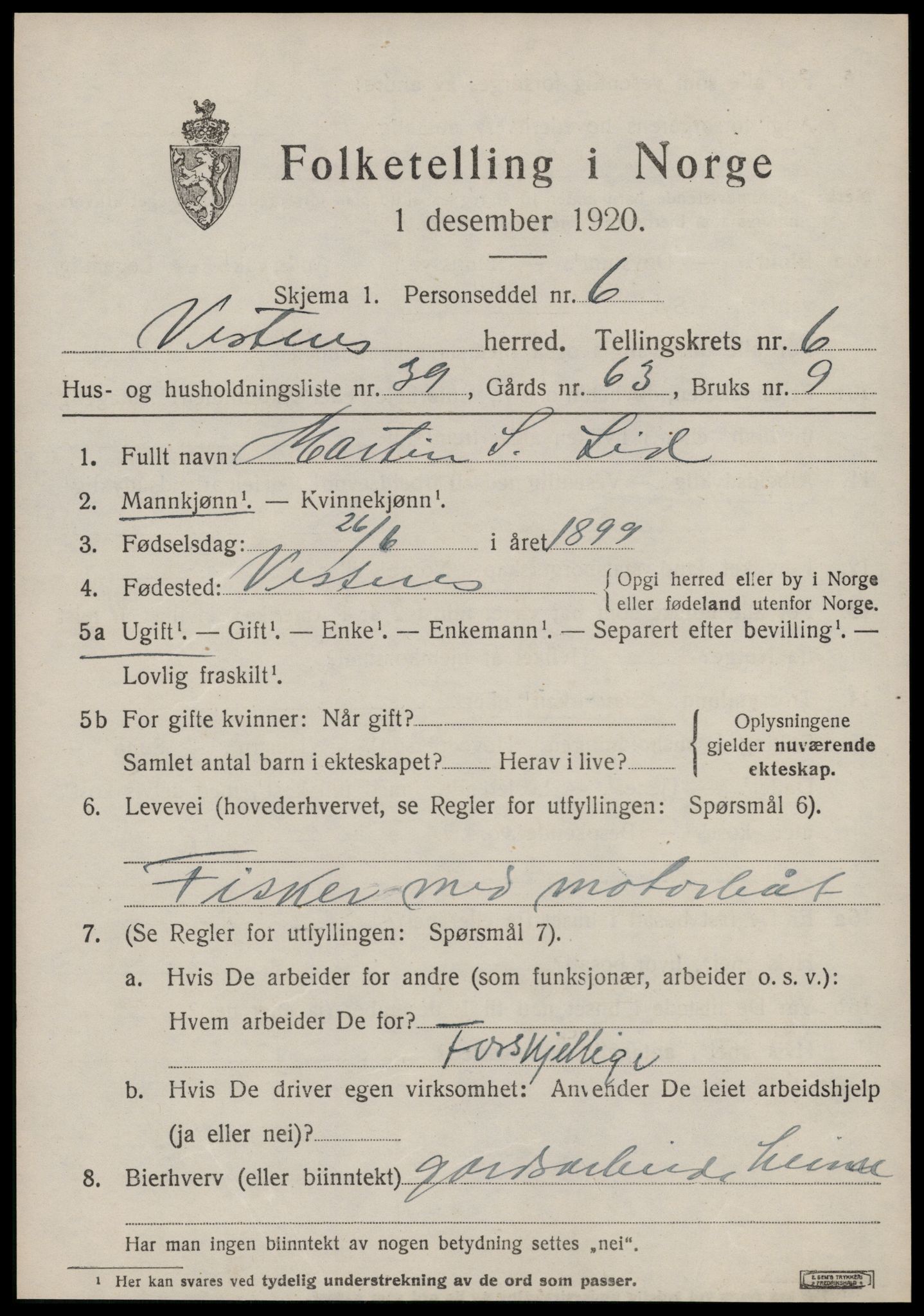 SAT, 1920 census for Vestnes, 1920, p. 4791