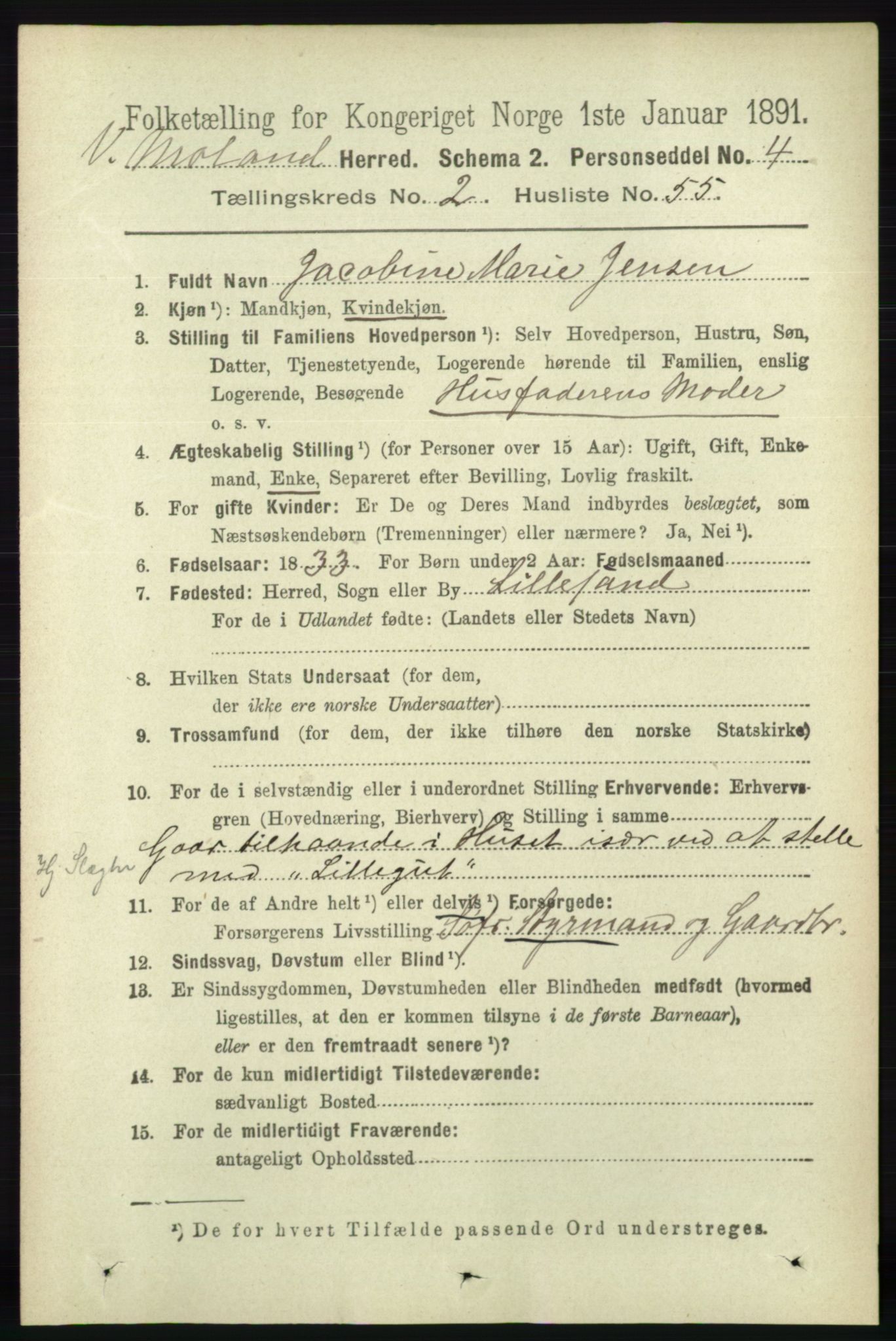 RA, 1891 census for 0926 Vestre Moland, 1891, p. 911