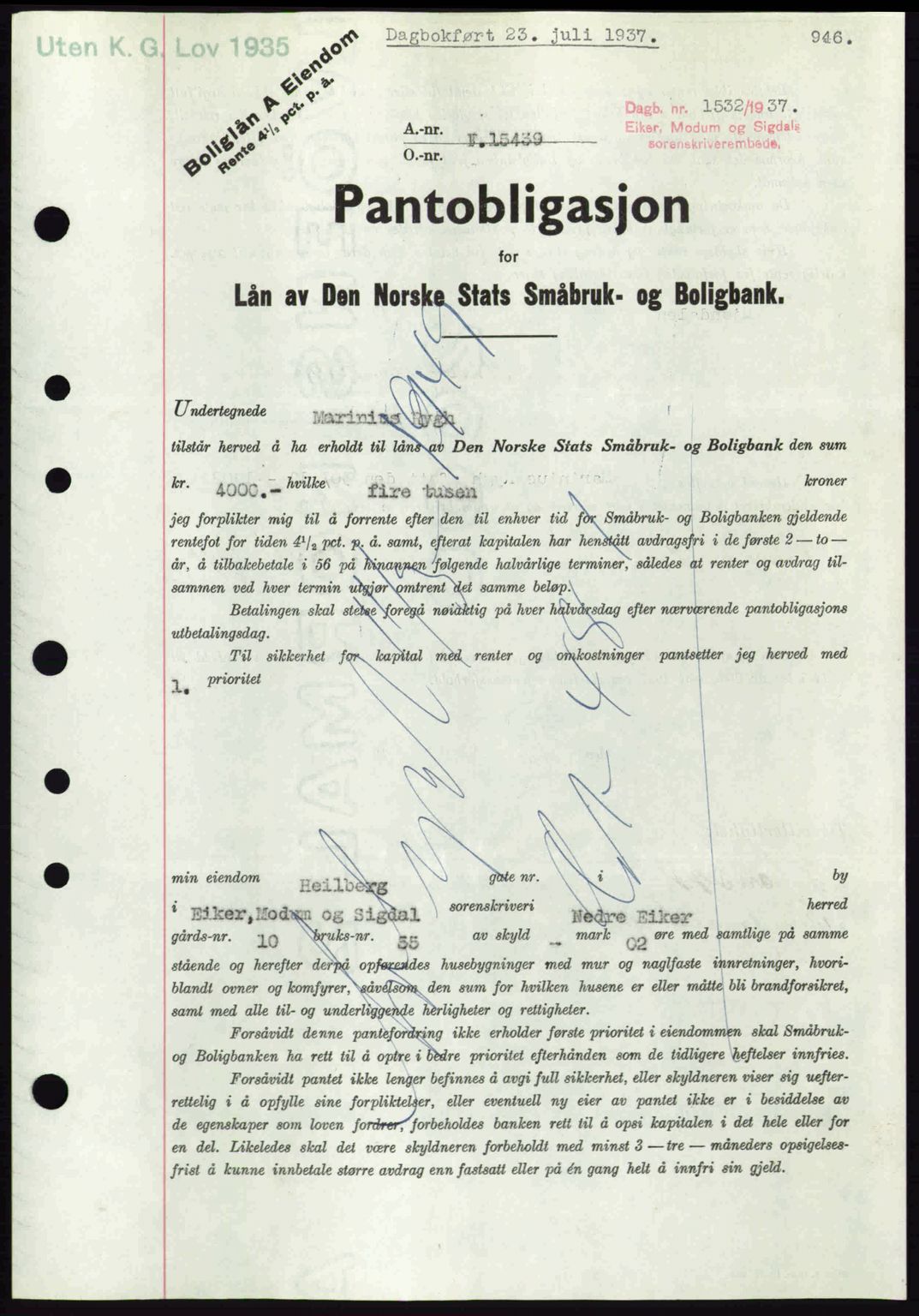 Eiker, Modum og Sigdal sorenskriveri, SAKO/A-123/G/Ga/Gab/L0035: Mortgage book no. A5, 1937-1937, Diary no: : 1532/1937