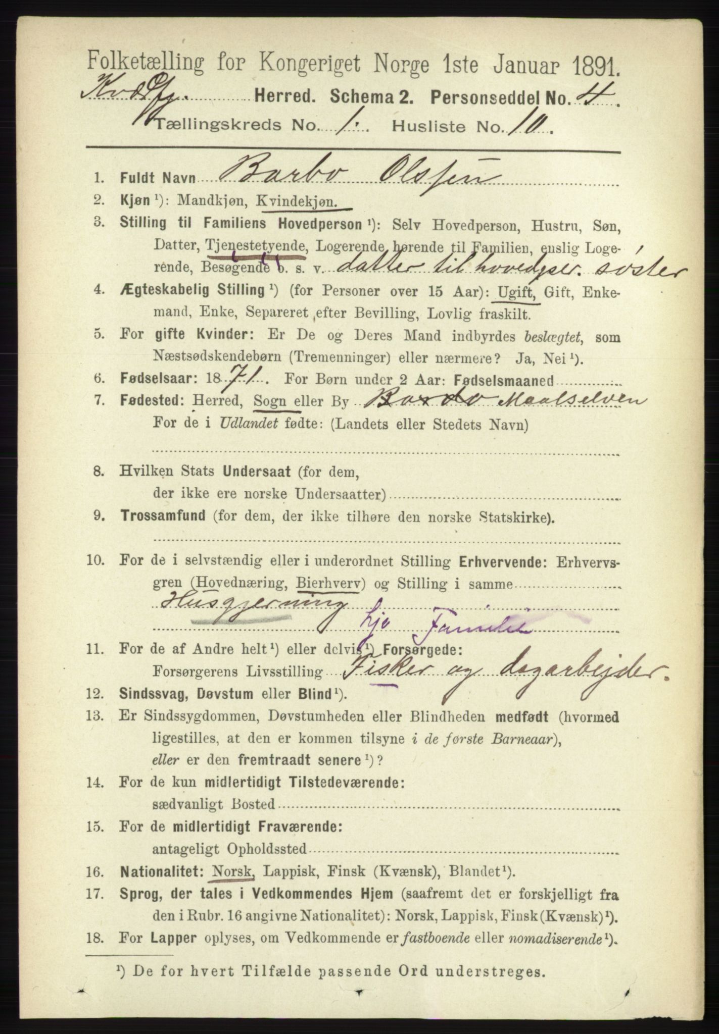 RA, 1891 census for 1911 Kvæfjord, 1891, p. 162