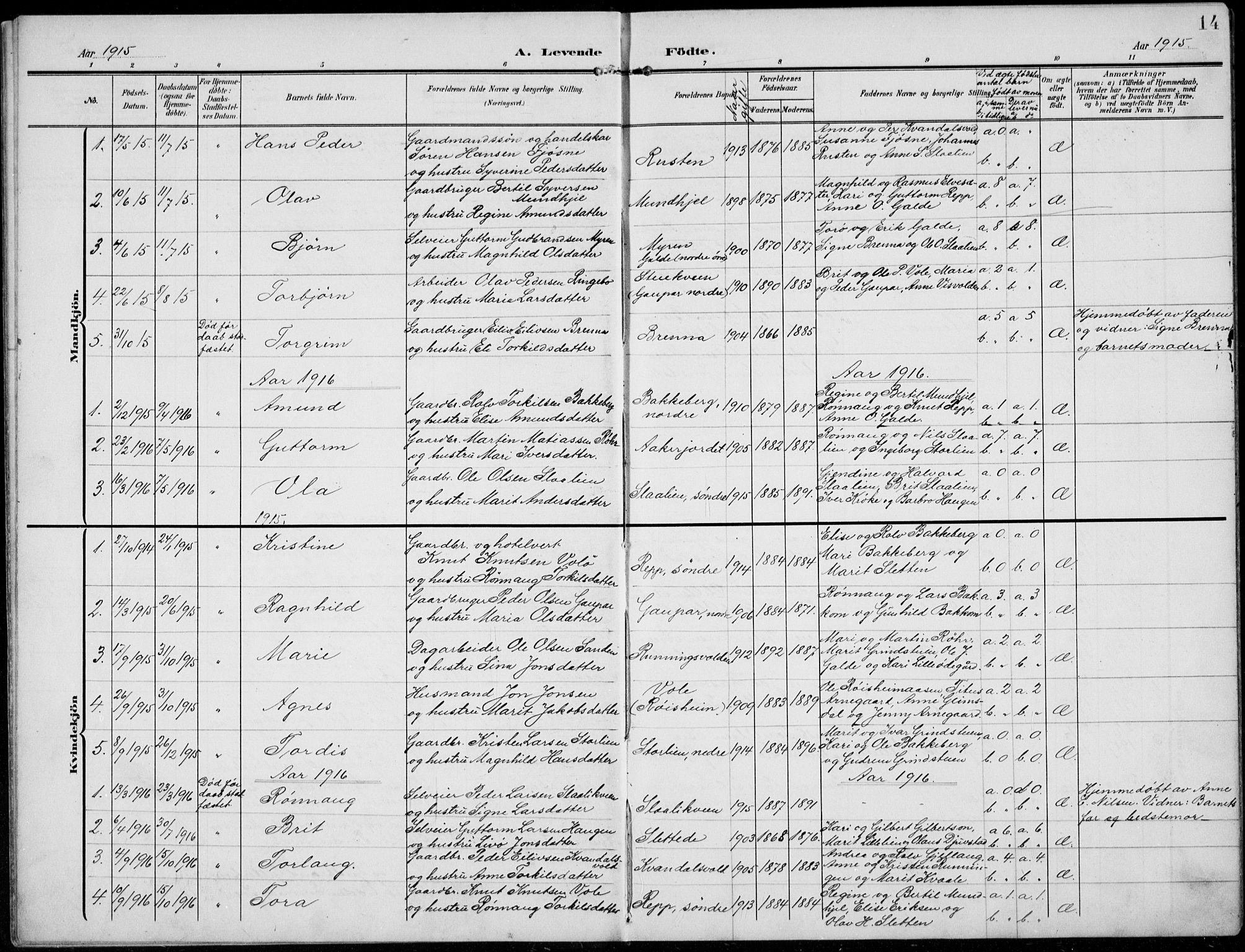 Lom prestekontor, AV/SAH-PREST-070/L/L0007: Parish register (copy) no. 7, 1904-1938, p. 14