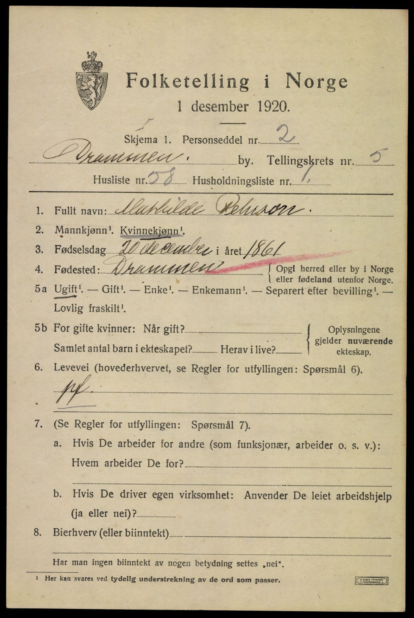 SAKO, 1920 census for Drammen, 1920, p. 37355