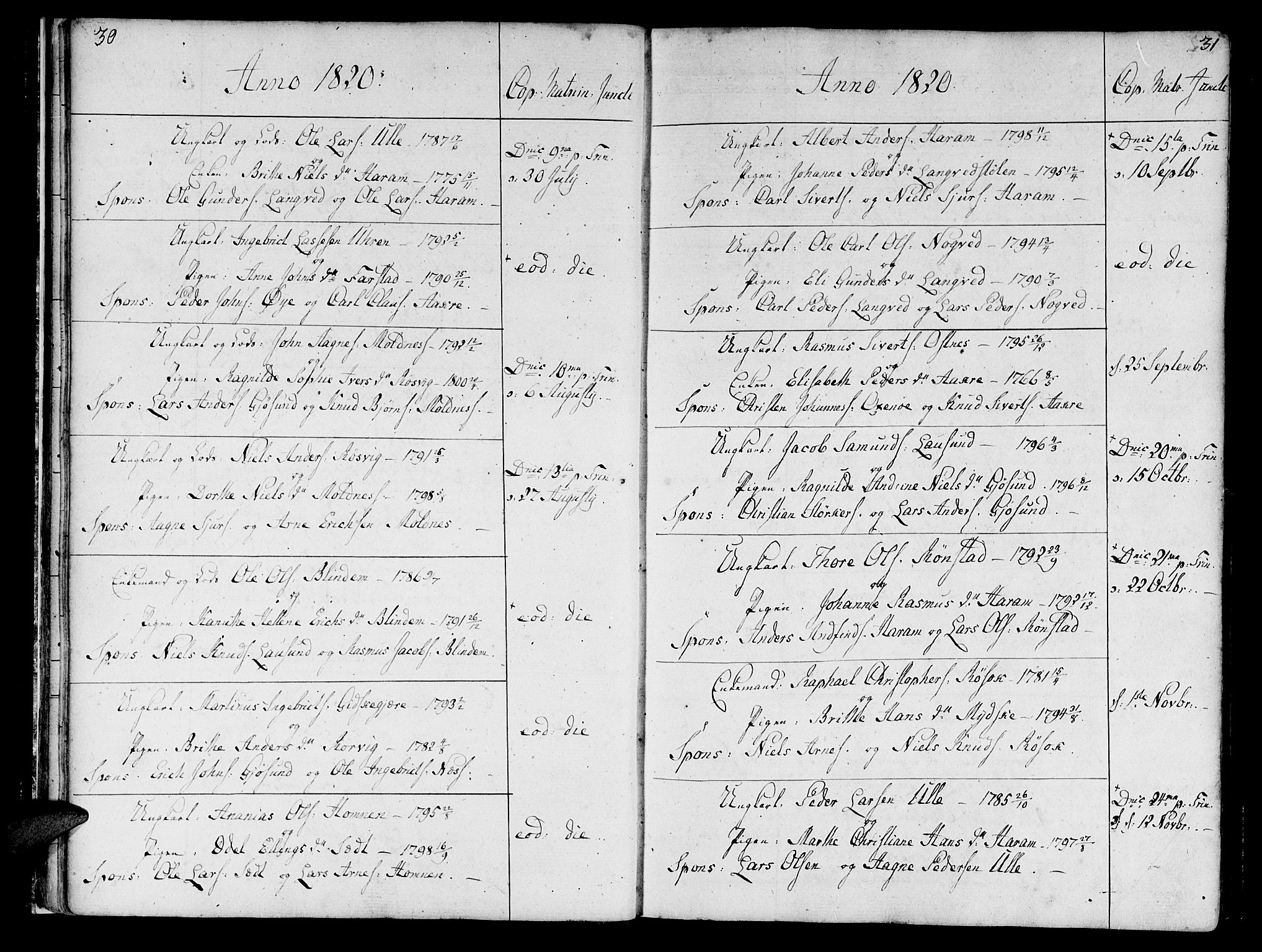 Ministerialprotokoller, klokkerbøker og fødselsregistre - Møre og Romsdal, AV/SAT-A-1454/536/L0494: Parish register (official) no. 536A03, 1803-1836, p. 30-31