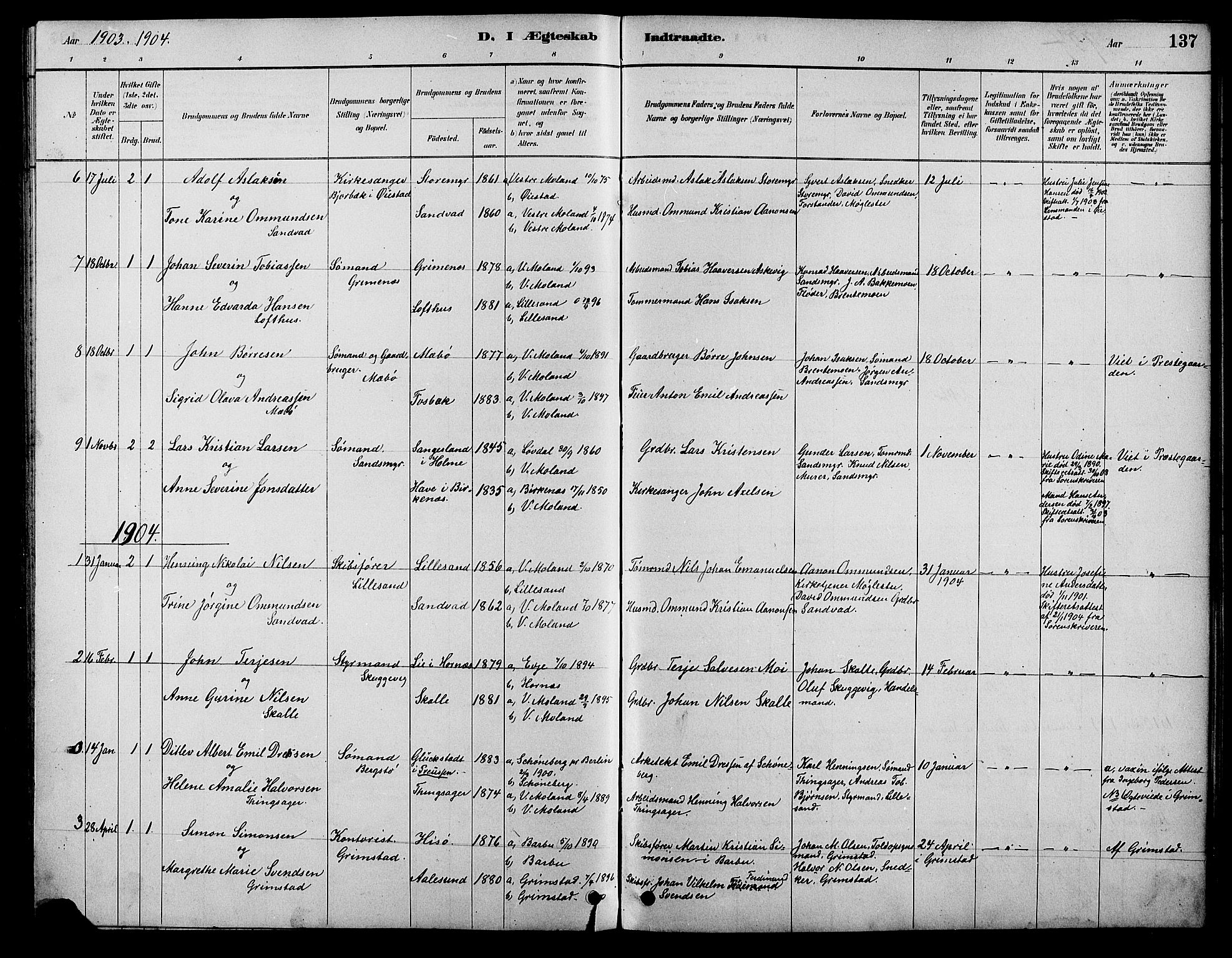 Vestre Moland sokneprestkontor, SAK/1111-0046/F/Fb/Fbb/L0006: Parish register (copy) no. B 6, 1884-1905, p. 137
