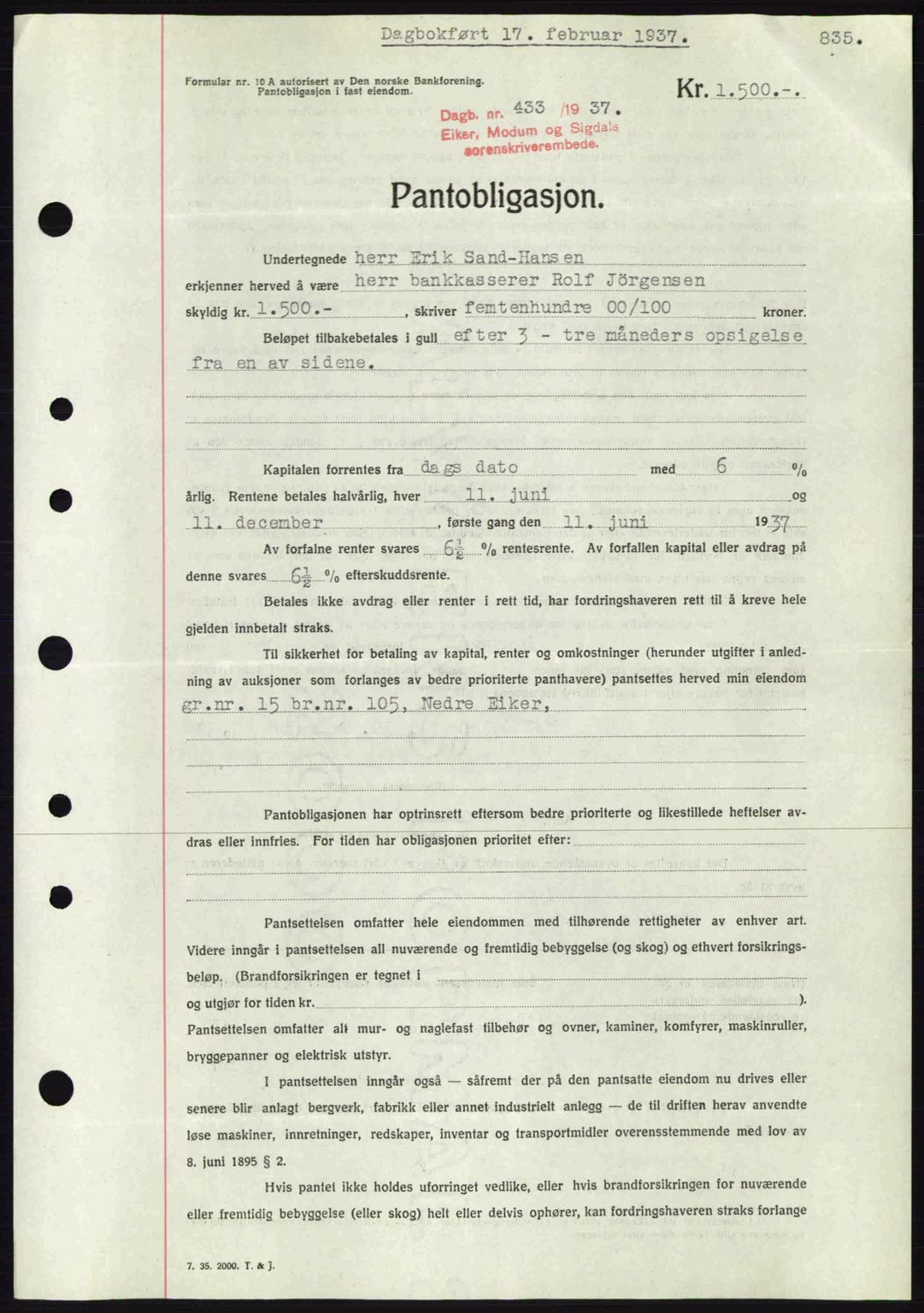 Eiker, Modum og Sigdal sorenskriveri, SAKO/A-123/G/Ga/Gab/L0034: Mortgage book no. A4, 1936-1937, Diary no: : 433/1937