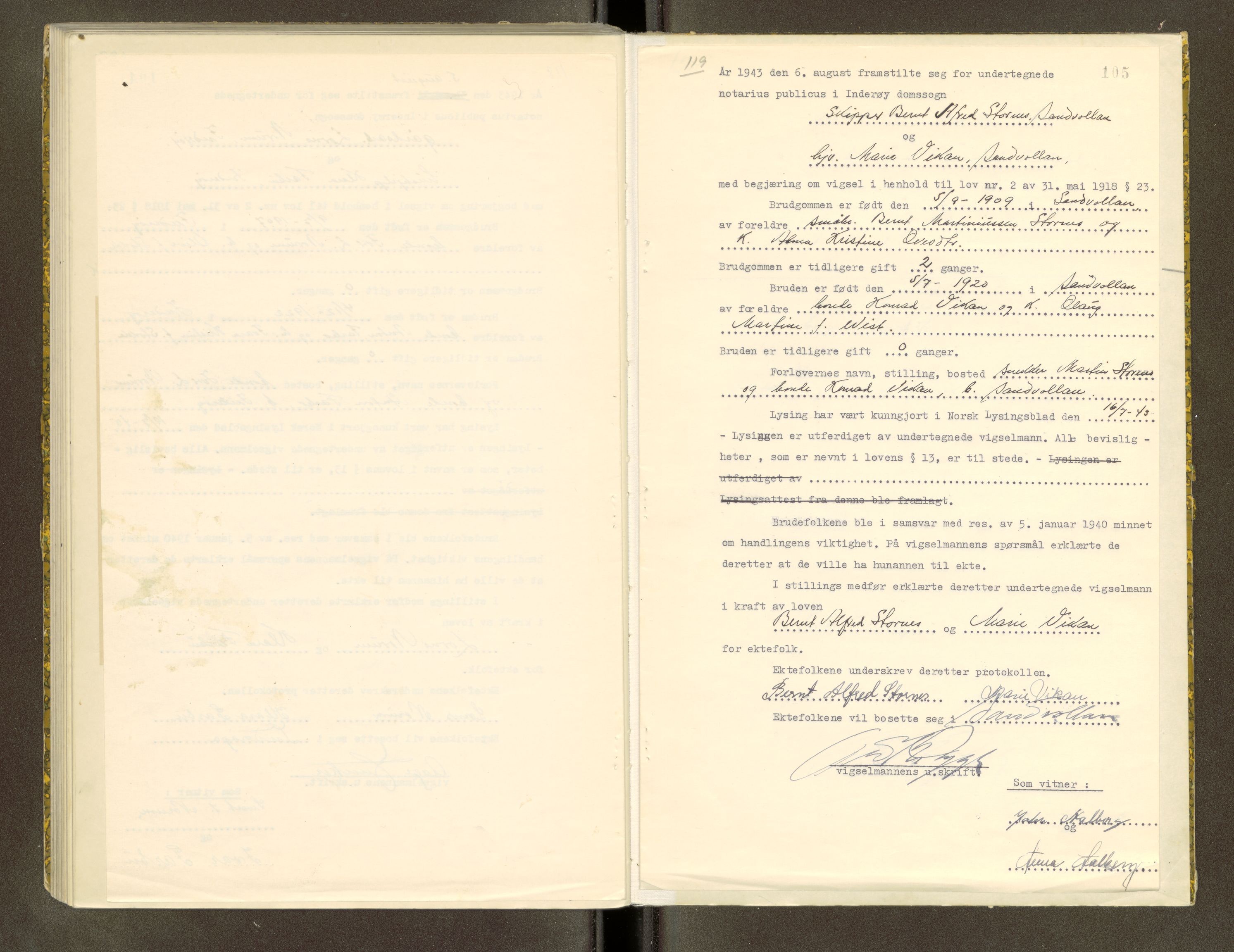 Inderøy sorenskriveri, AV/SAT-A-4147/1/6/6D/L0002: Vigselbok, 1942-1943, p. 105