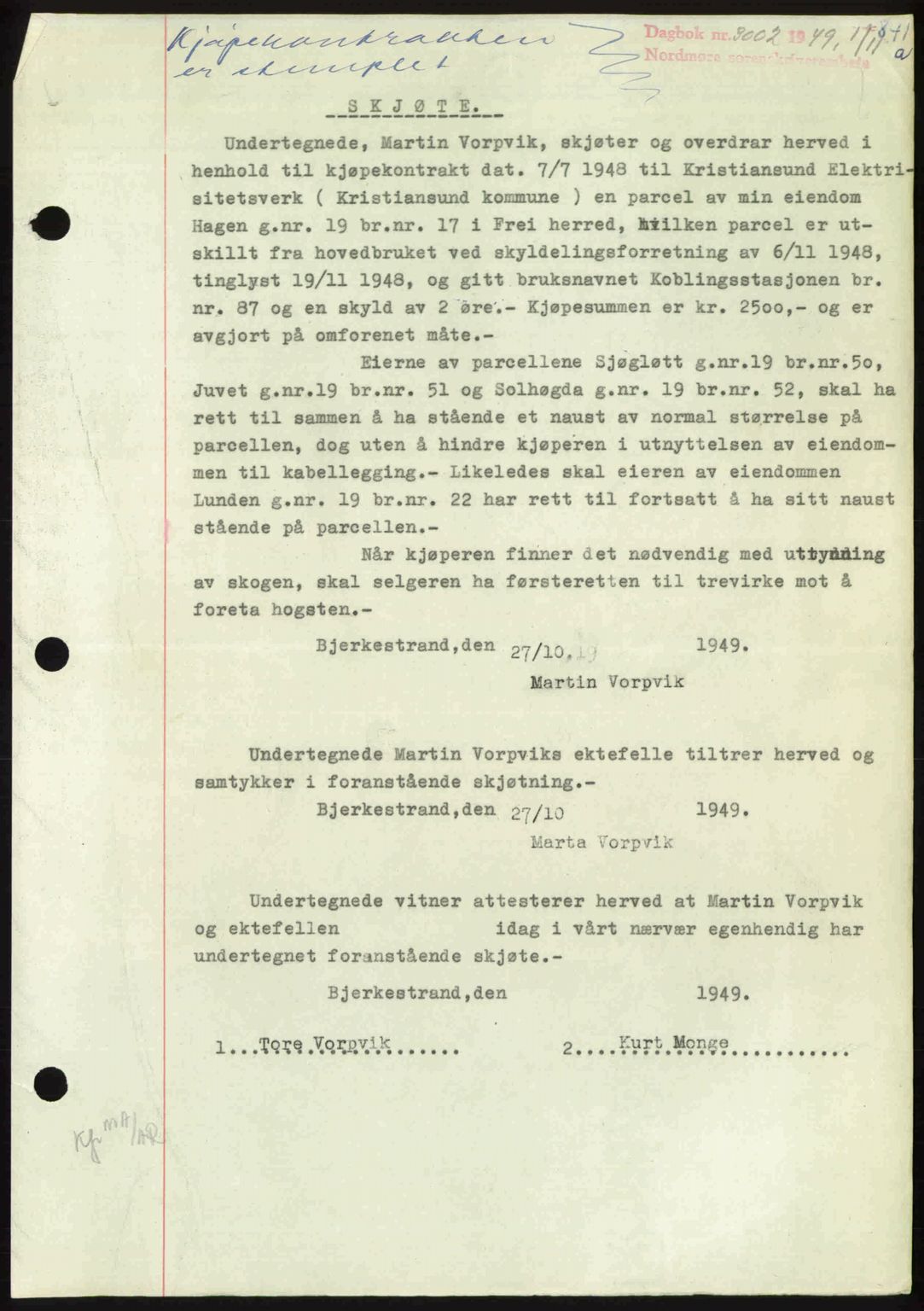 Nordmøre sorenskriveri, AV/SAT-A-4132/1/2/2Ca: Mortgage book no. A112, 1949-1949, Diary no: : 3002/1949