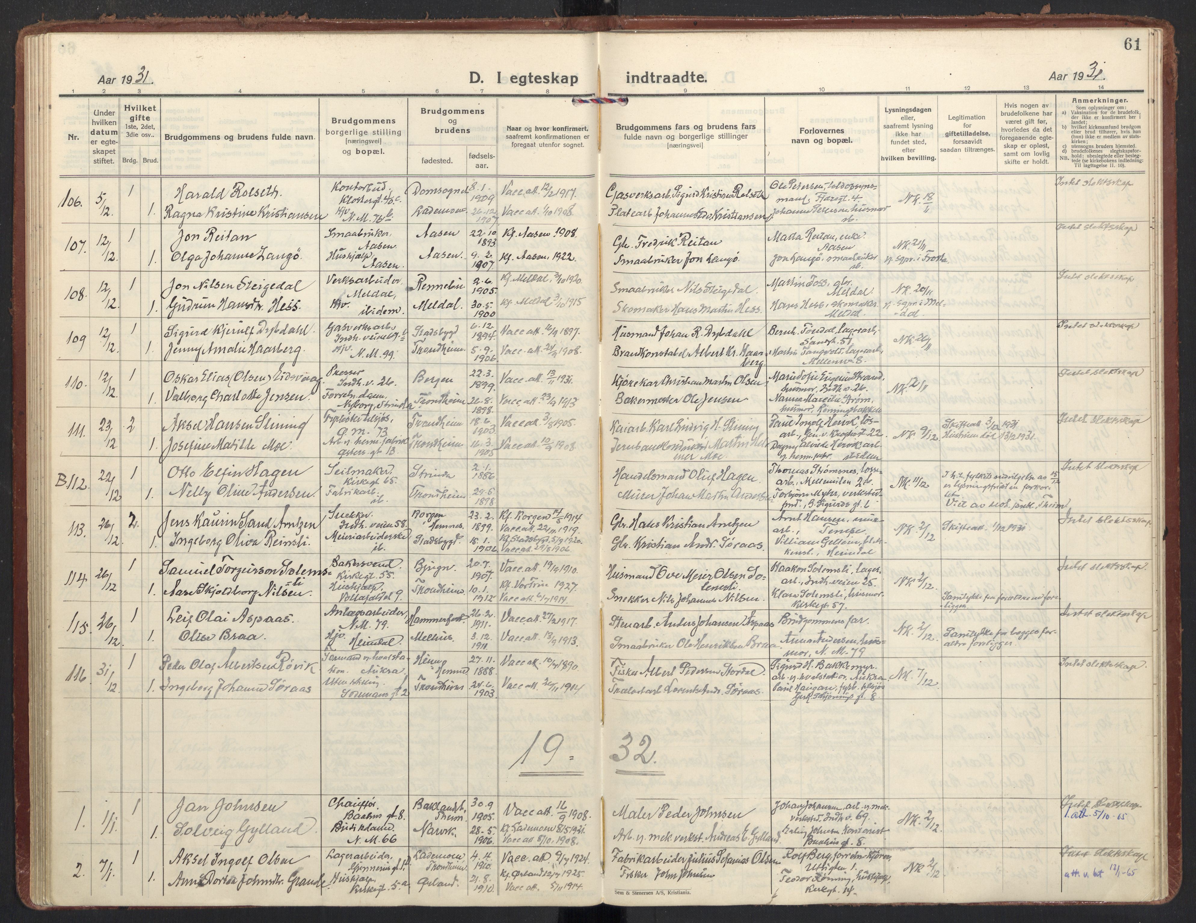 Ministerialprotokoller, klokkerbøker og fødselsregistre - Sør-Trøndelag, SAT/A-1456/605/L0249: Parish register (official) no. 605A11, 1925-1936, p. 61