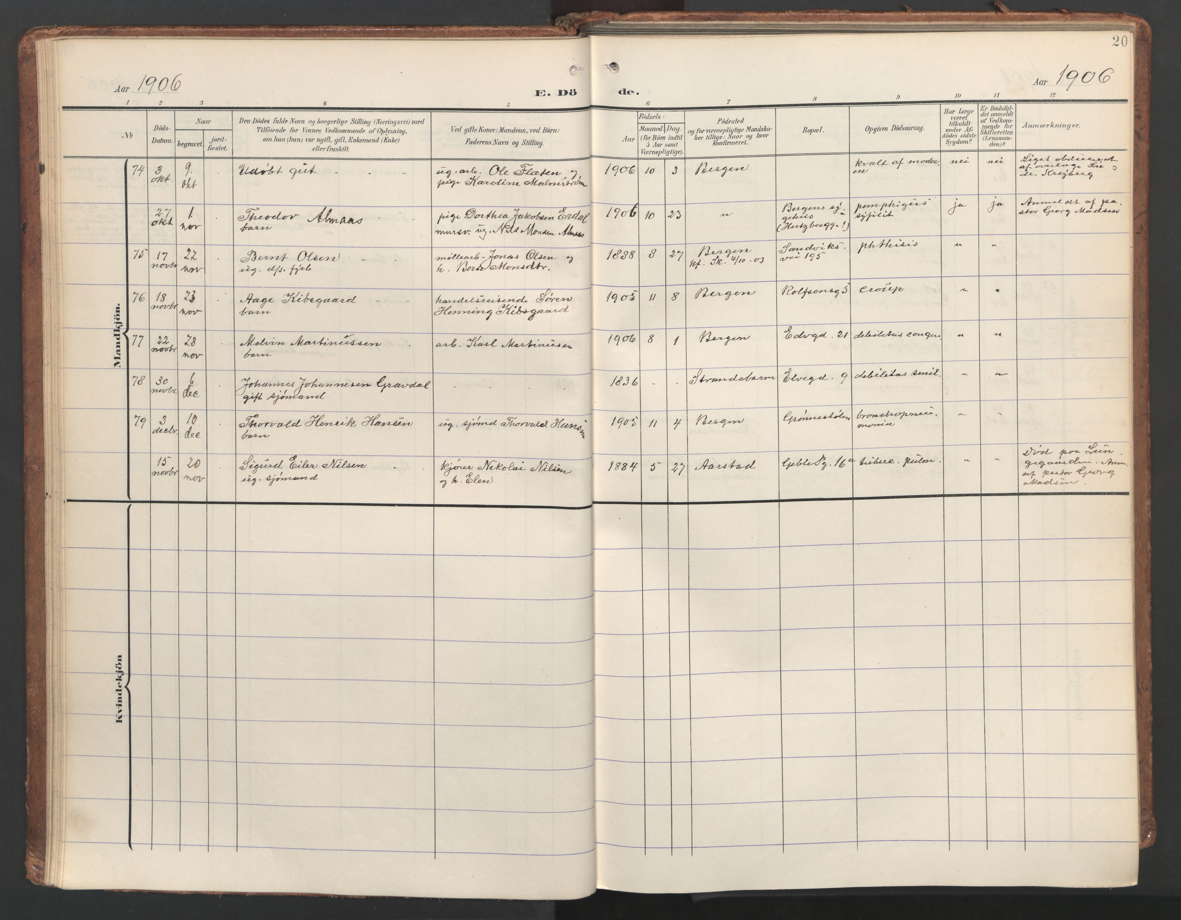 Sandviken Sokneprestembete, AV/SAB-A-77601/H/Ha/L0019: Parish register (official) no. E 2, 1905-1933, p. 20