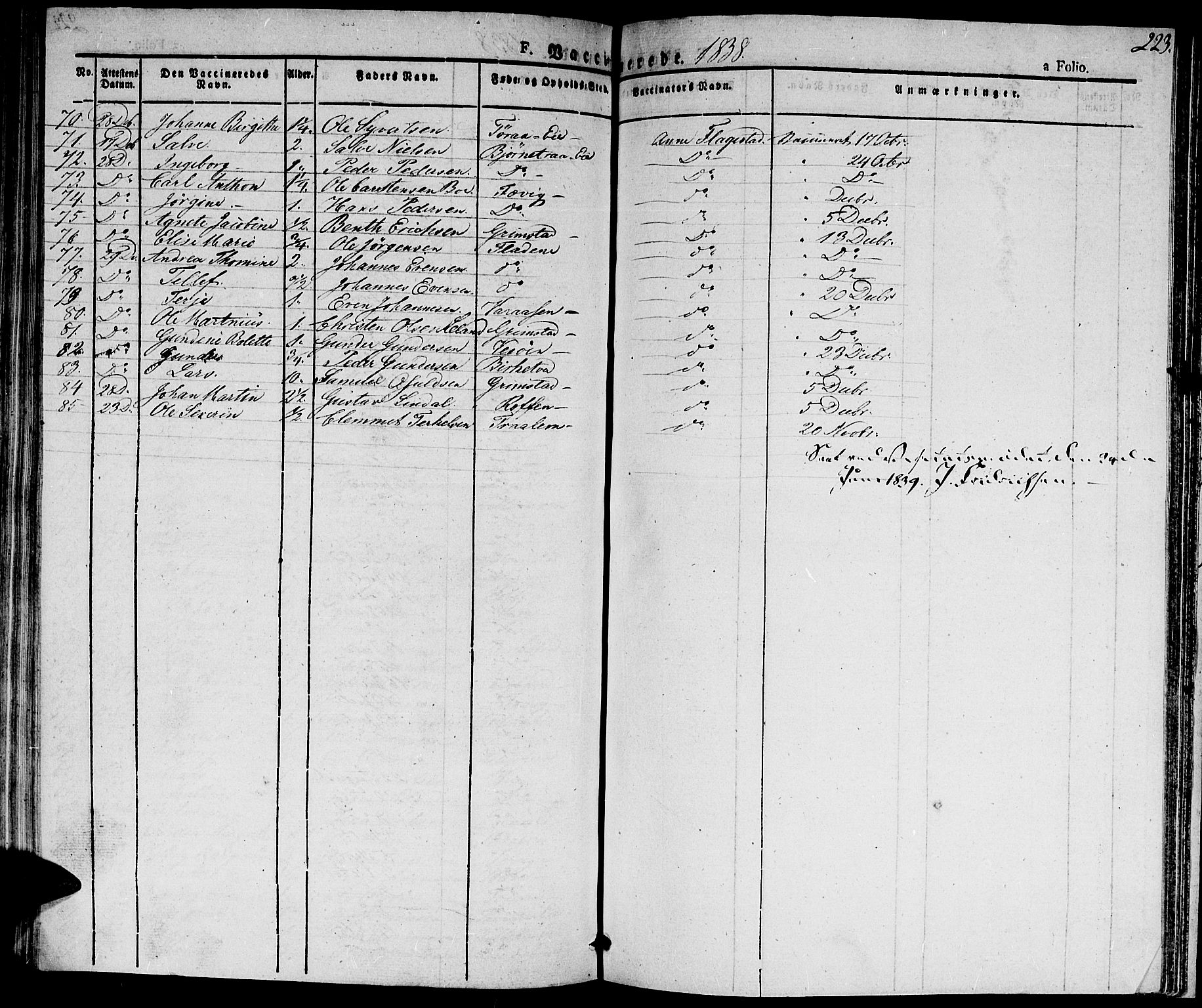 Fjære sokneprestkontor, AV/SAK-1111-0011/F/Fa/L0002: Parish register (official) no. A 2, 1827-1839, p. 223