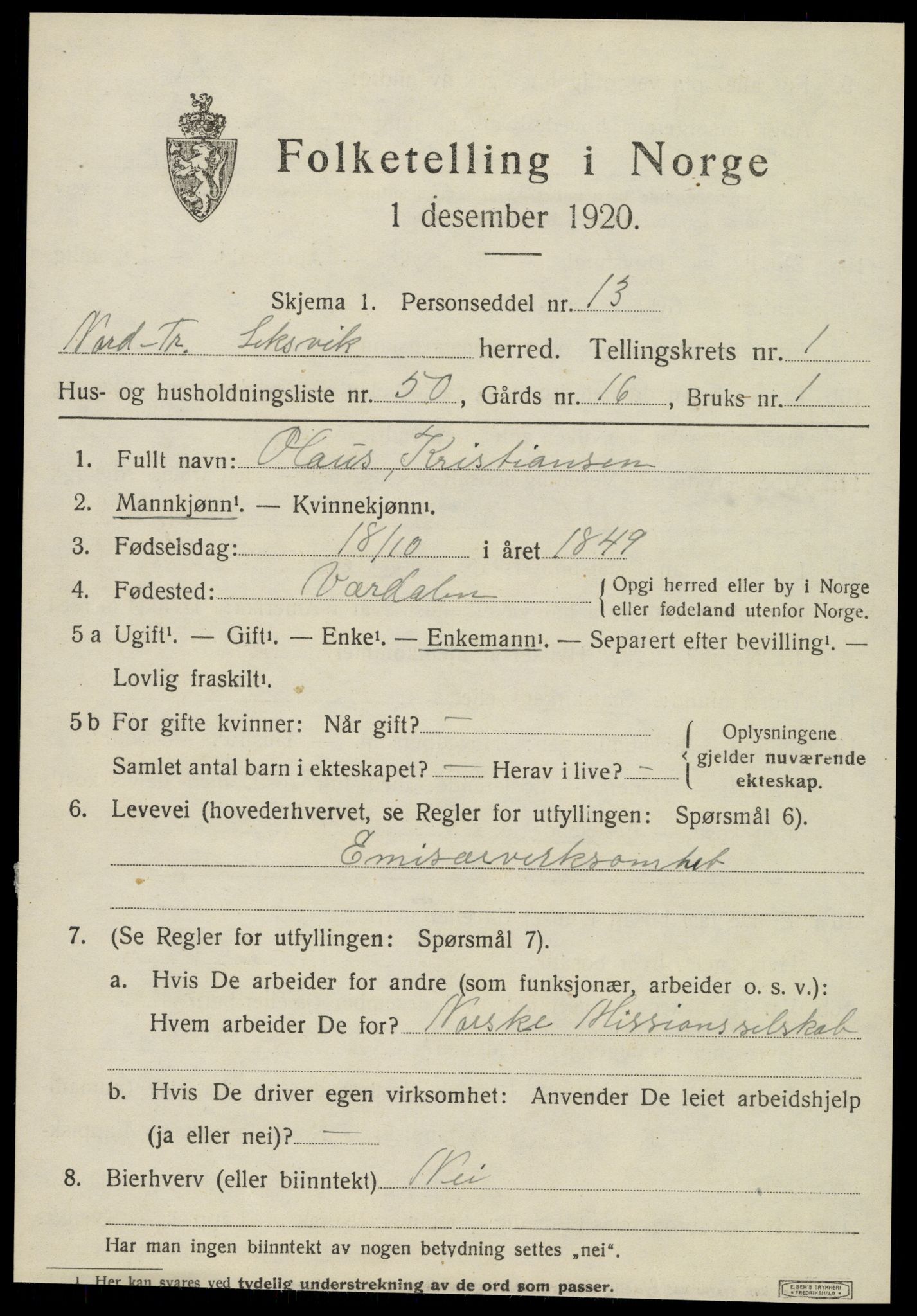 SAT, 1920 census for Leksvik, 1920, p. 1822