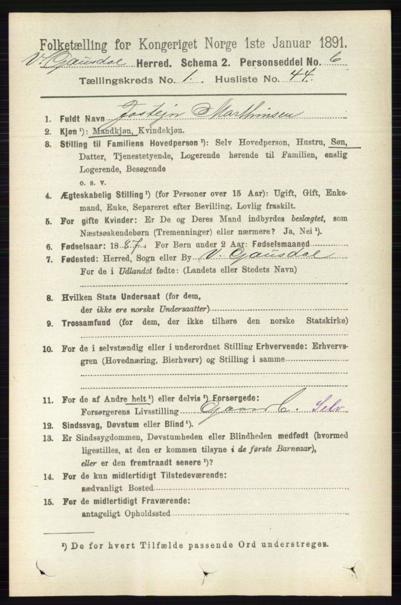 RA, 1891 census for 0523 Vestre Gausdal, 1891, p. 303