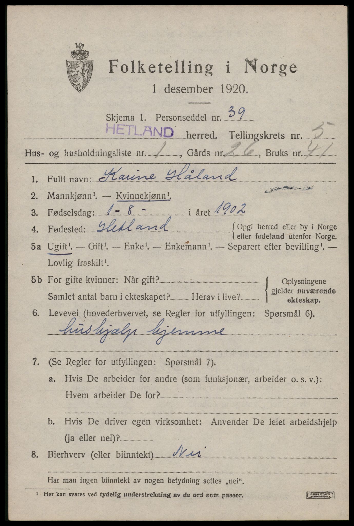 SAST, 1920 census for Hetland, 1920, p. 8227