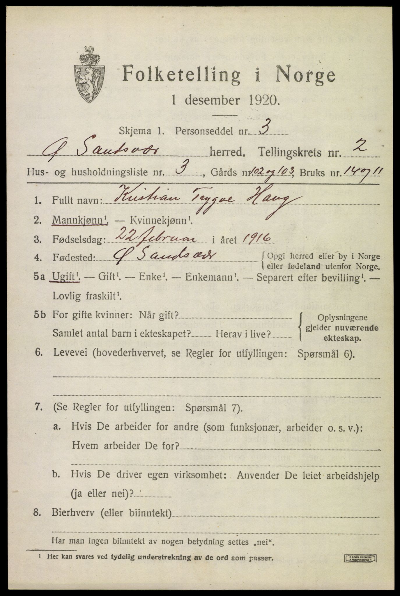 SAKO, 1920 census for Øvre Sandsvær, 1920, p. 1616