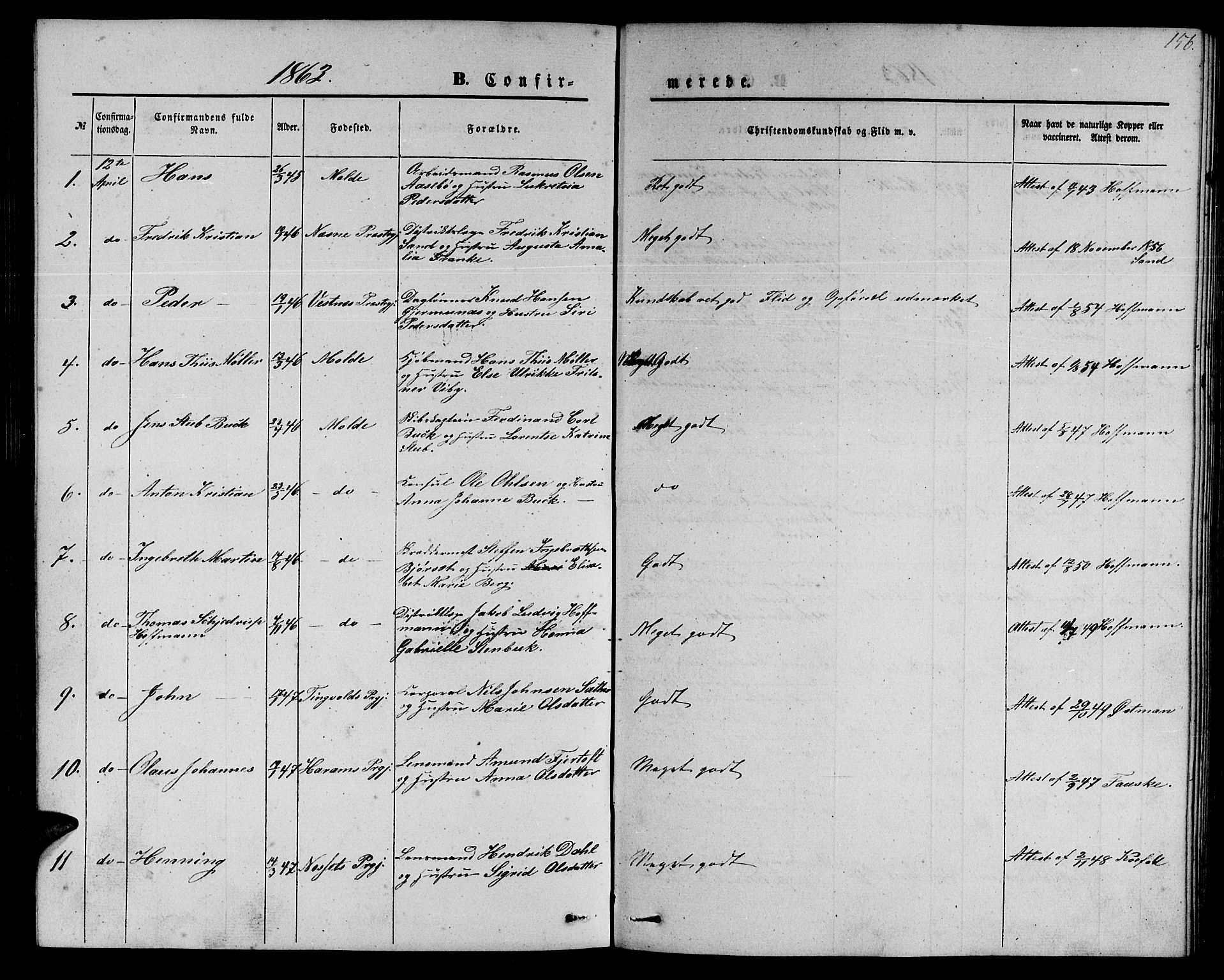 Ministerialprotokoller, klokkerbøker og fødselsregistre - Møre og Romsdal, SAT/A-1454/558/L0701: Parish register (copy) no. 558C02, 1862-1879, p. 156